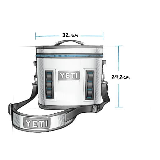 Eine Zeichnung einer weißen YETI® Kühltasche Hopper Flip® 12 - Navy mit einem YETI-gekennzeichneten Schultergurt, blauen Akzenten und den Maßen 32,1 cm breit x 29,2 cm hoch, der Marke YETI.