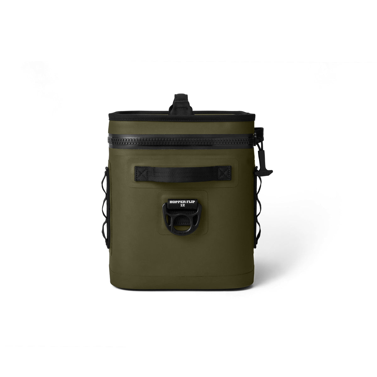 Die YETI® Kühltasche Hopper Flip® 12 in Olive verfügt über einen Reißverschluss, seitliche Griffe und eine Frontschnalle. Die khakigrüne und schwarze Soft-Kühltasche steht aufrecht vor einem weißen Hintergrund.