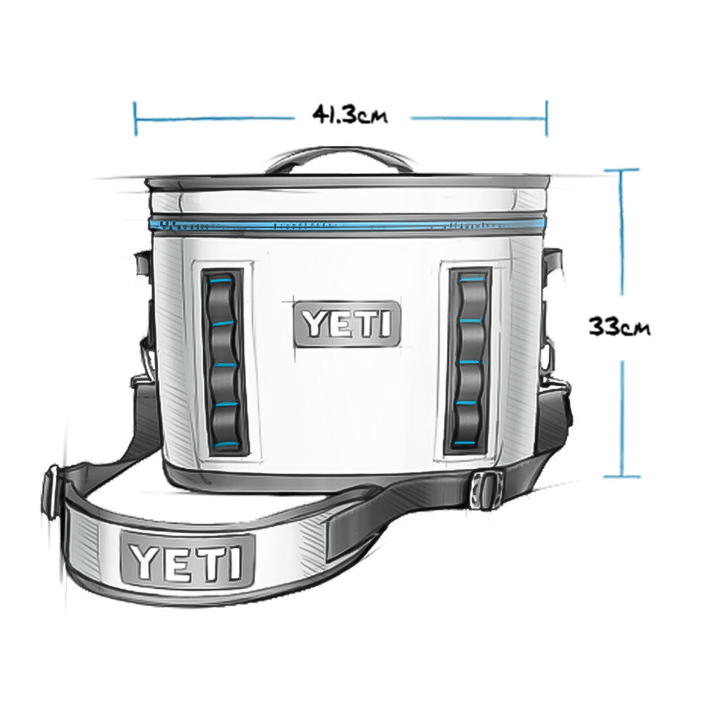 Abbildung der YETI® Kühltasche Hopper Flip® 18 - Charcoal, einer weichen Kühltasche mit Griff und Schultergurt, die 41,3 cm breit und 33 cm hoch ist. Sie ist anthrazitfarben mit grau/blauen Akzenten und dem YETI-Logo auf der Vorderseite und dem Gurt.