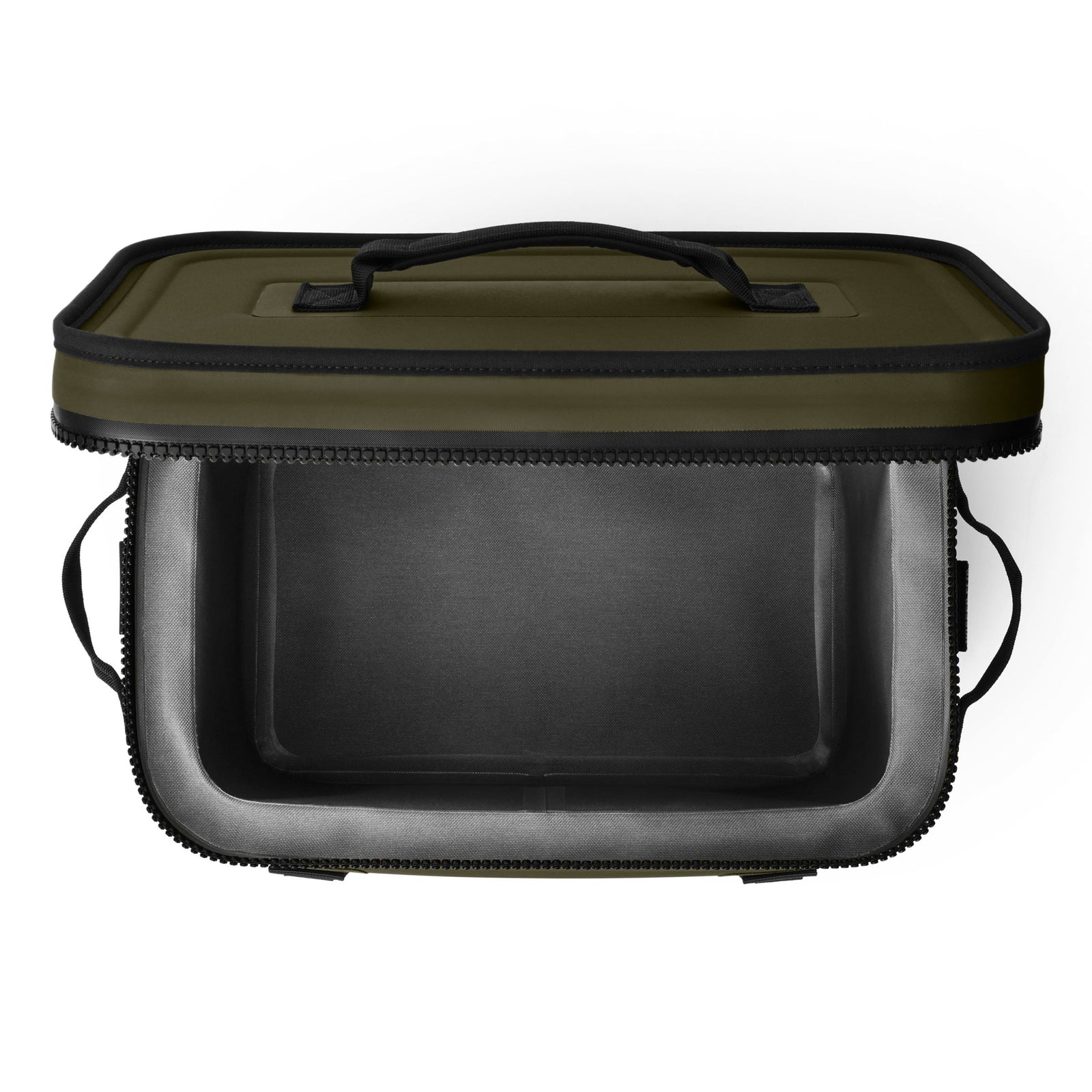 Draufsicht auf eine geöffnete, leere YETI® Kühltasche Hopper Flip® 18 - Olive Soft Cooler mit dunklem Deckel, seitlichen schwarzen Griffen und einem Reißverschluss um die Öffnung.