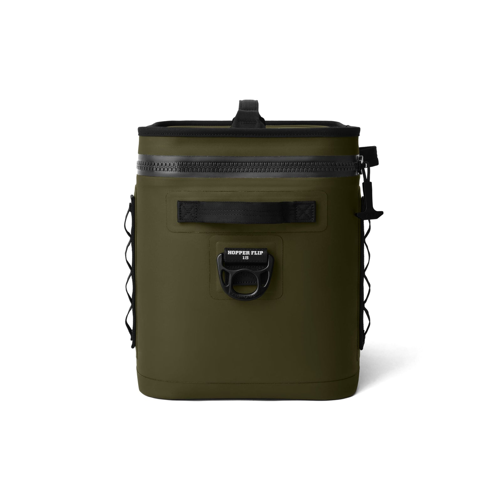 Die olivgrüne, rechteckige YETI® Kühltasche Hopper Flip® 18 mit Tragegriff, schwarzem Reißverschluss und seitlichen Netztaschen steht aufrecht vor einem weißen Hintergrund - perfekt, um Getränke unterwegs kühl zu halten.