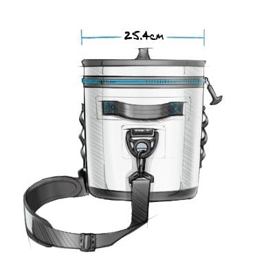 Eine Skizze der YETI® Kühltasche Hopper Flip® 8 - Navy mit Schultergurt, Tragegriff, Reißverschlussdeckel, seitlichen Griffen und Frontclip. Diese tragbare Kühltasche von YETI ist 25,4 cm breit - perfekt für jeden Tagesausflug.