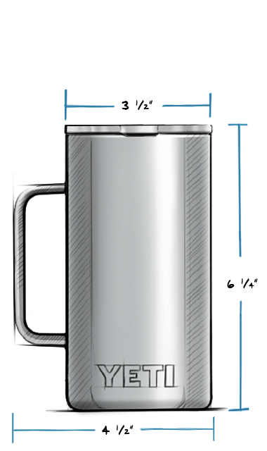 Eine Skizze des YETI® Krug Rambler 24 Oz - Edelstahlbechers mit dem YETI-Branding auf der Unterseite zeigt, dass er oben 3,5" breit ist, am Boden mit Henkel 4,5" breit und 6,25" hoch ist.