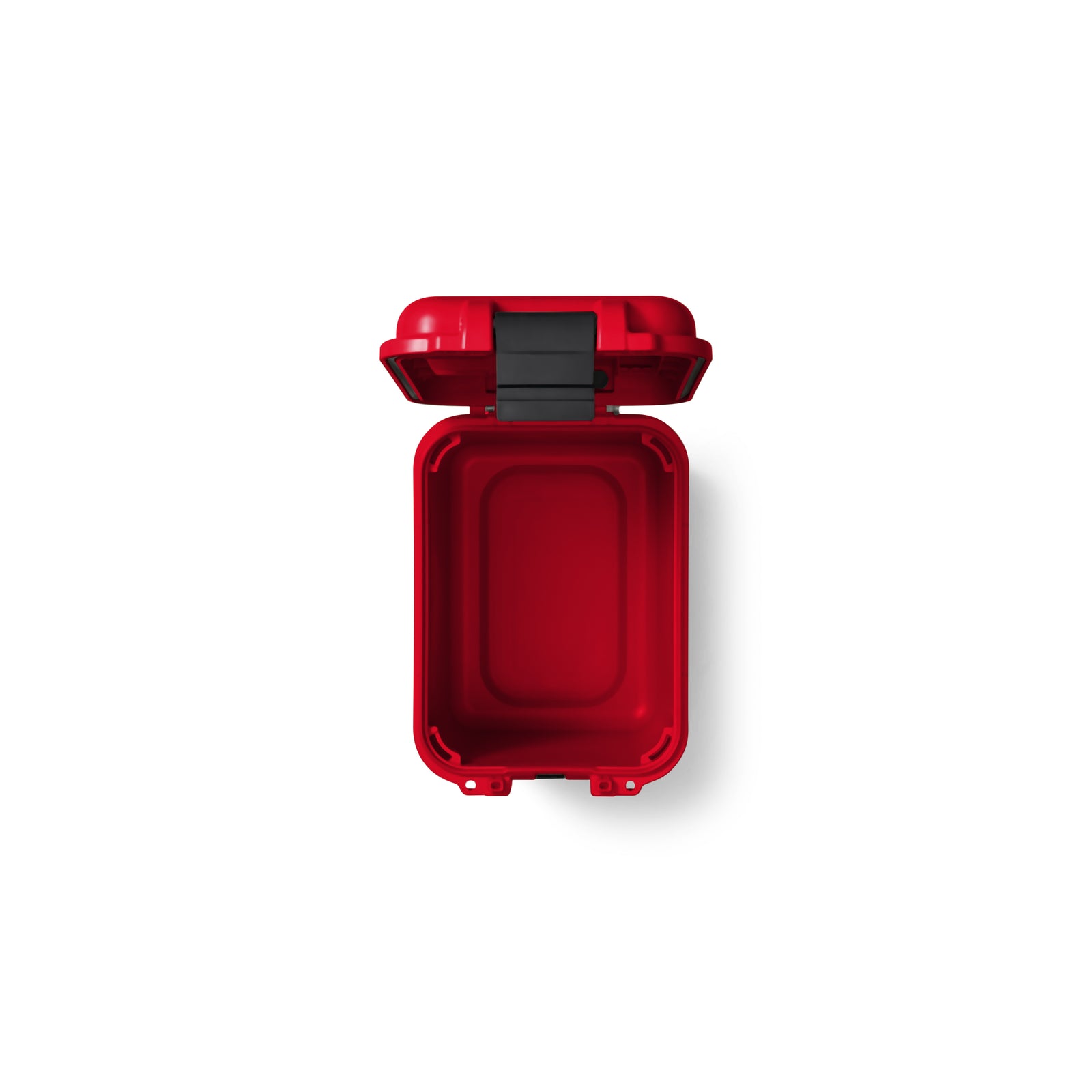 Draufsicht auf eine offene, leere YETI® LoadOut GoBox 15 - Rescue Red von YETI vor weißem Hintergrund - perfekt als wasserdichte Aufbewahrungsbox für Outdoor-Abenteuer.