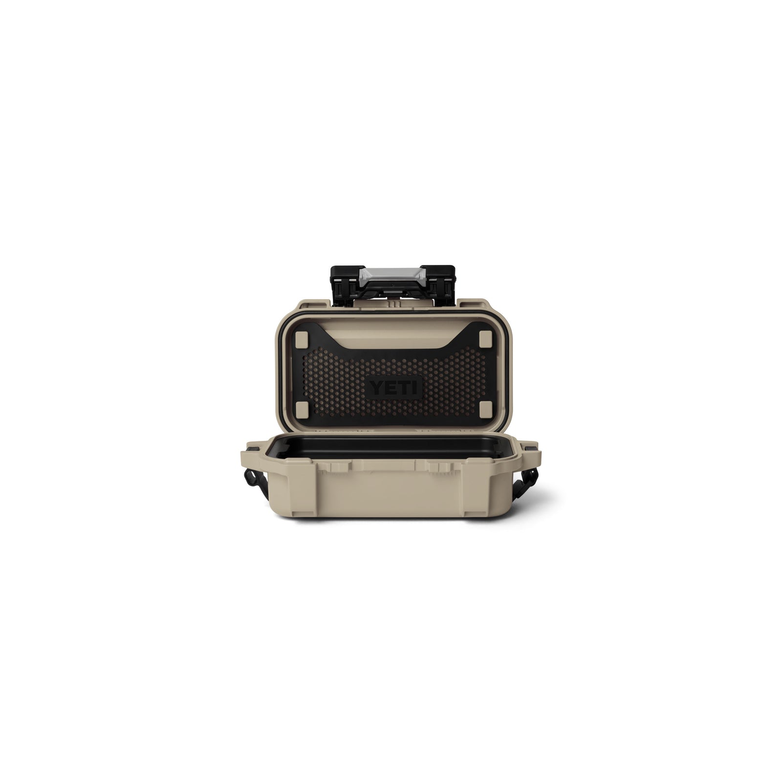 Die YETI® LoadOut GoBox 1 Ausrüstungsbox - Tan ist ein Hartschalenkoffer mit offenem Deckel, strukturierter schwarzer Innenseite und YETI-Branding, der für die sichere Aufbewahrung und den Schutz von Kleinteilen konzipiert ist.