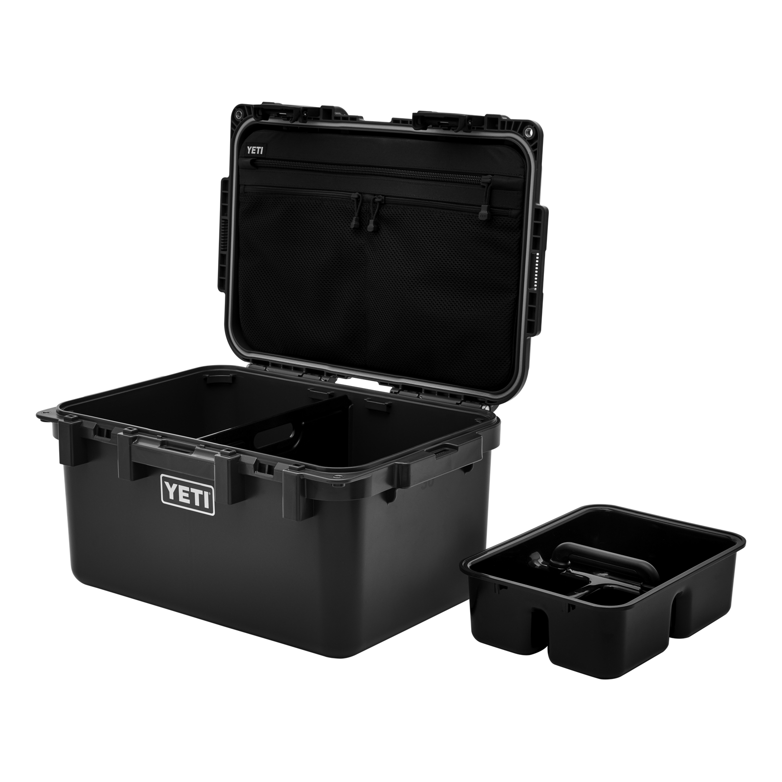 Die YETI® LoadOut GoBox 30 in Charcoal ist mit geöffnetem Deckel abgebildet und zeigt eine Netztasche und ein herausnehmbares Tablett für die organisierte Aufbewahrung von Ausrüstung und Langlebigkeit, alles vor einem weißen Hintergrund.