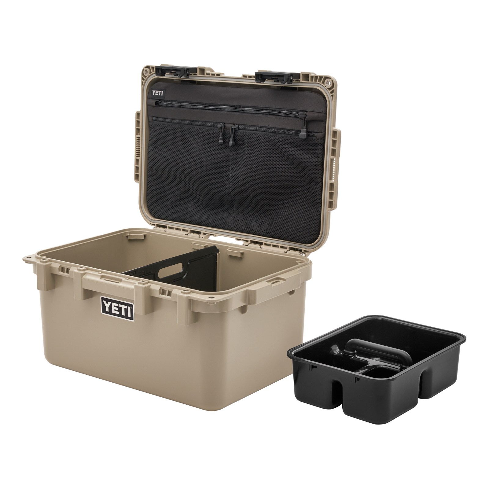 Eine hellbraune YETI® LoadOut GoBox 30 von YETI ist mit geöffnetem Deckel abgebildet, der einen schwarzen Organizer mit Reißverschluss im Inneren zeigt. Neben der wasserdichten Aufbewahrungsbox befindet sich eine herausnehmbare schwarze Ablage.