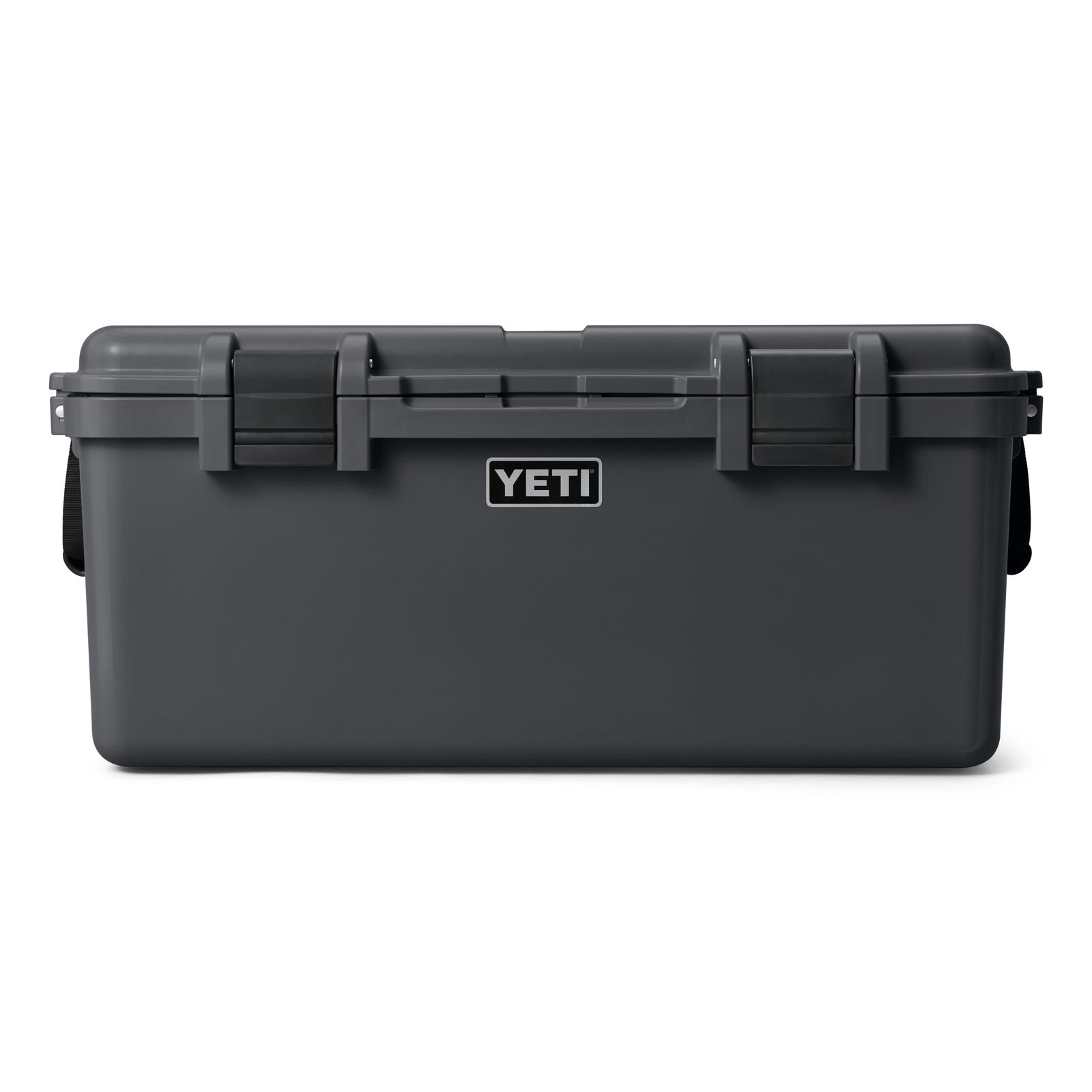 Die YETI® LoadOut GoBox 60 in Charcoal ist eine große, rechteckige Getriebebox mit zwei schwarzen Verschlüssen, einem zentralen Deckelgriff und dem YETI Logo-Wasserdicht und von YETI für robuste Abenteuer konzipiert.