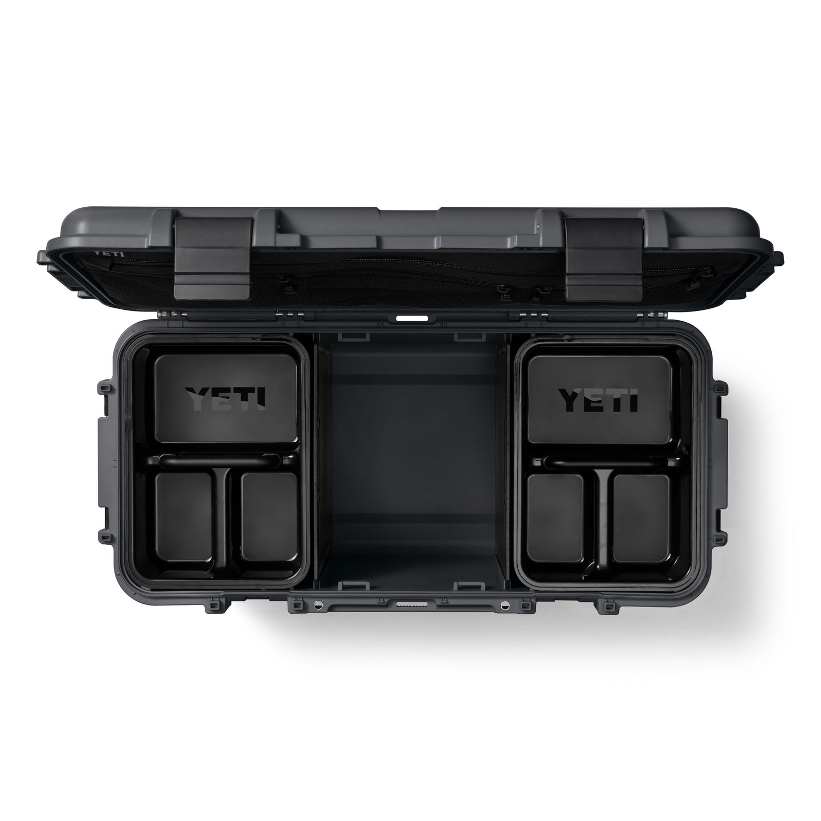 Die Draufsicht auf eine geöffnete YETI® LoadOut GoBox 60 - Charcoal von YETI zeigt zwei große Fächer mit jeweils zwei kleineren quadratischen Abschnitten und einen leeren Bereich in der Mitte, in dem die Ausrüstung untergebracht werden kann.