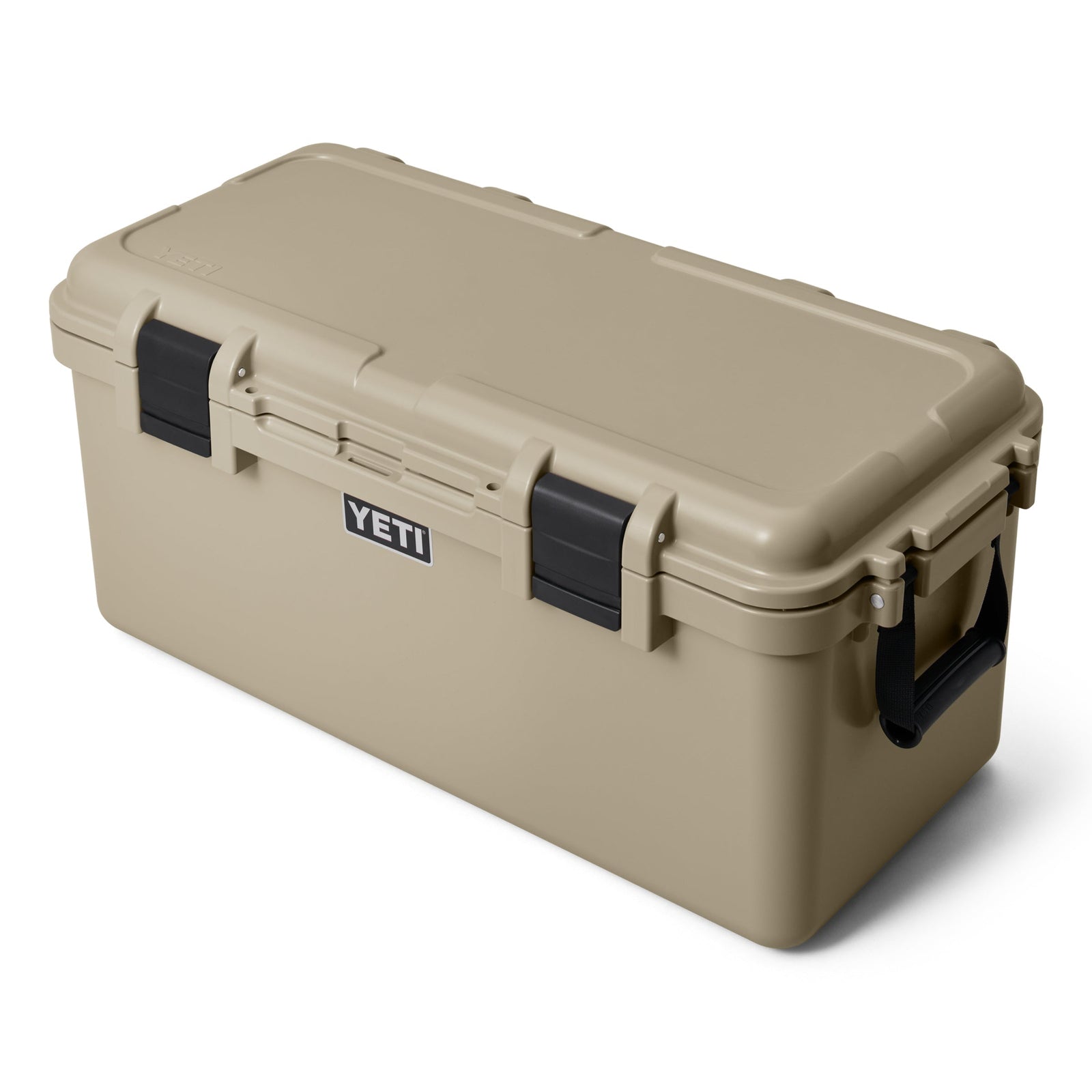 Die YETI® LoadOut GoBox 60 in Tan von YETI hat ein rechteckiges Design, schwarze Seitengriffe und zwei Frontverschlüsse. Sie ist robust und wasserdicht - perfekt für alle Ihre Abenteuer.