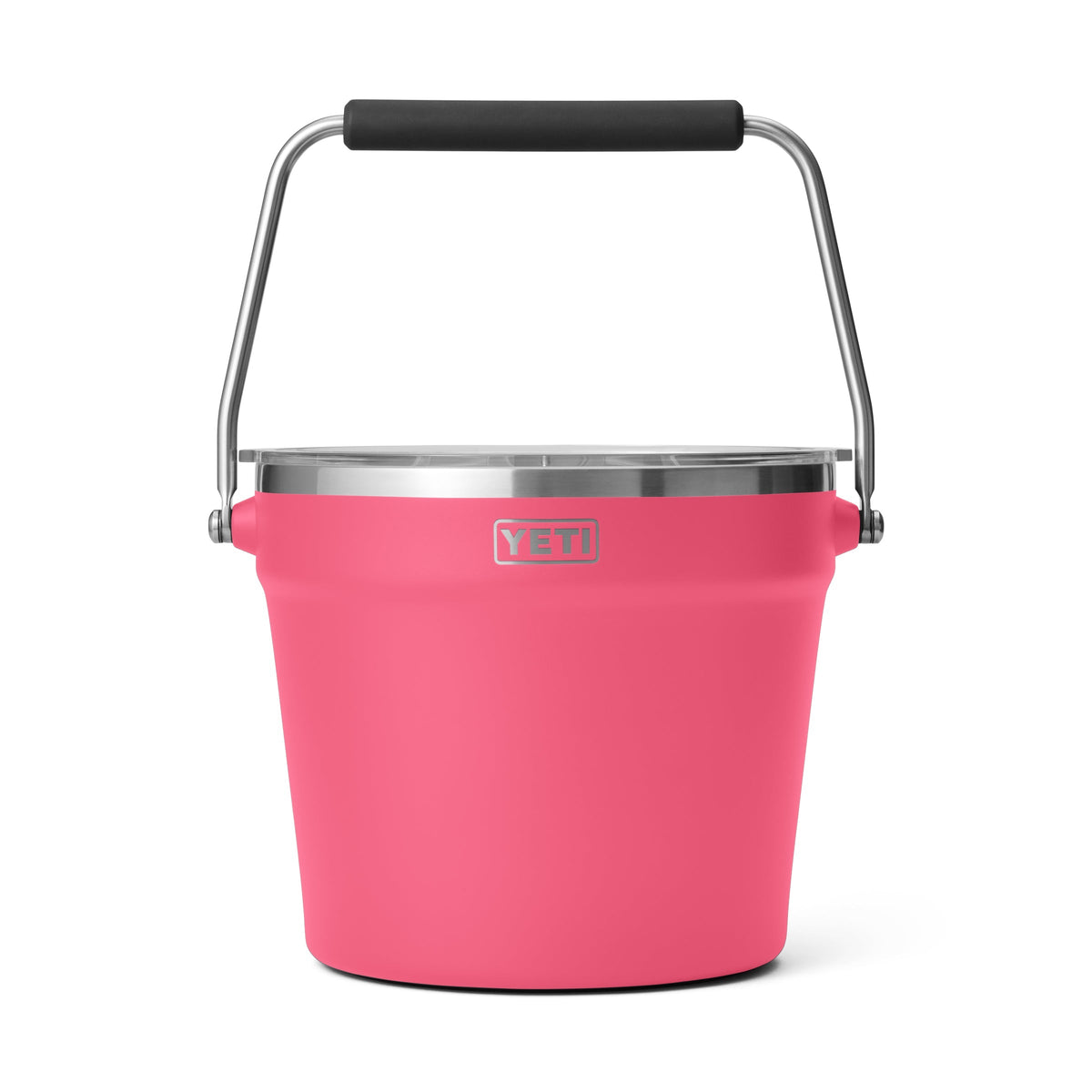 Der YETI® Rambler® 7,6-Liter-Getränkekübel in Tropical Pink hat einen Edelstahlrand und einen schwarzen, gepolsterten Metallgriff, der auf weißem Hintergrund abgebildet ist.