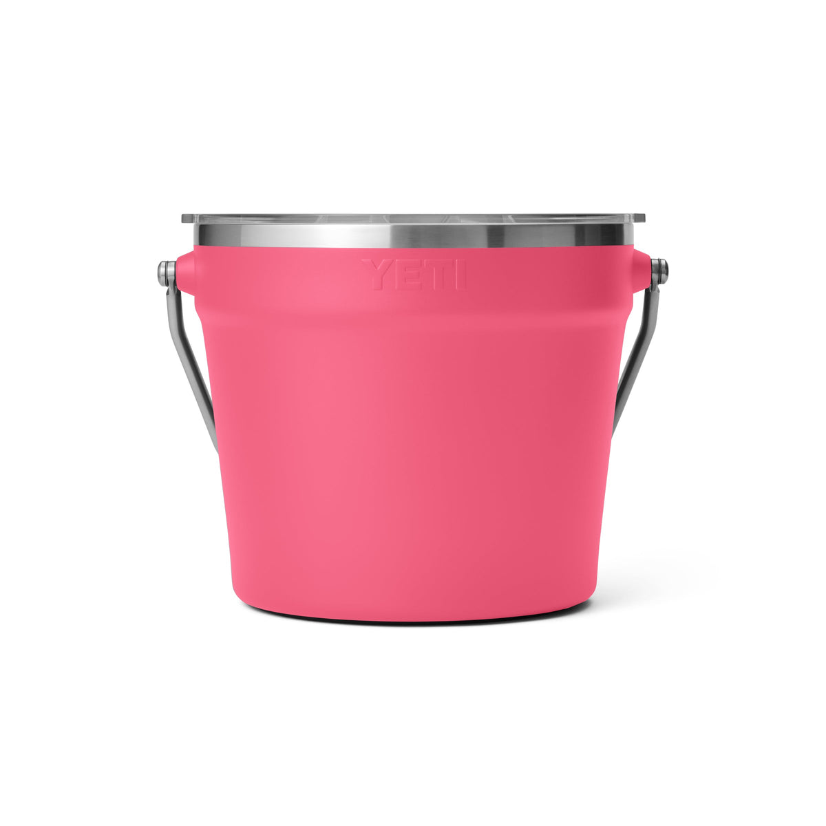 Der YETI® Rambler® 7,6-Liter-Getränkekübel in Tropical Pink, aus Edelstahl mit Metallgriff, ist auf weißem Hintergrund abgebildet.