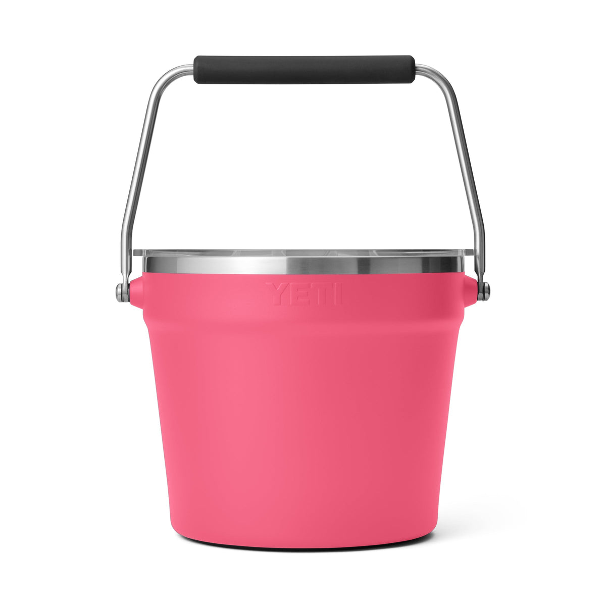 Der YETI® Rambler® 7,6-Liter-Getränkekübel in Tropical Pink hat einen Edelstahlrand und einen schwarzen gummibeschichteten Metallgriff, der vor einem weißen Hintergrund abgebildet ist.
