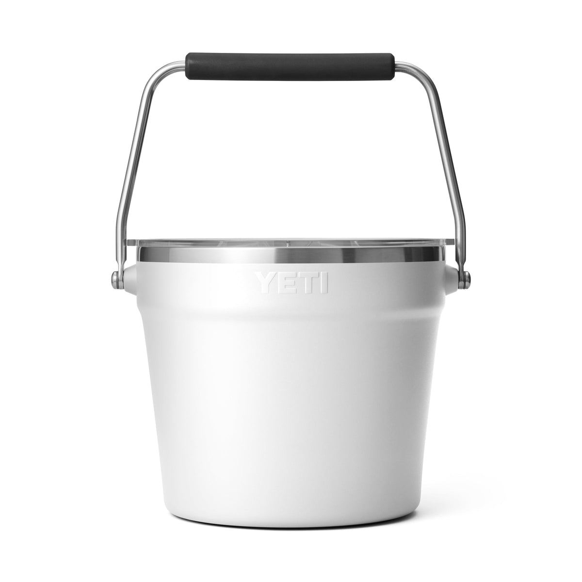 Der YETI® Rambler® 7,6 Liter Getränkekübel in Weiß verfügt über eine doppelwandige Vakuumisolierung, einen Stahlgriff mit schwarzem Griff und ist auf einem schlichten weißen Hintergrund abgebildet.