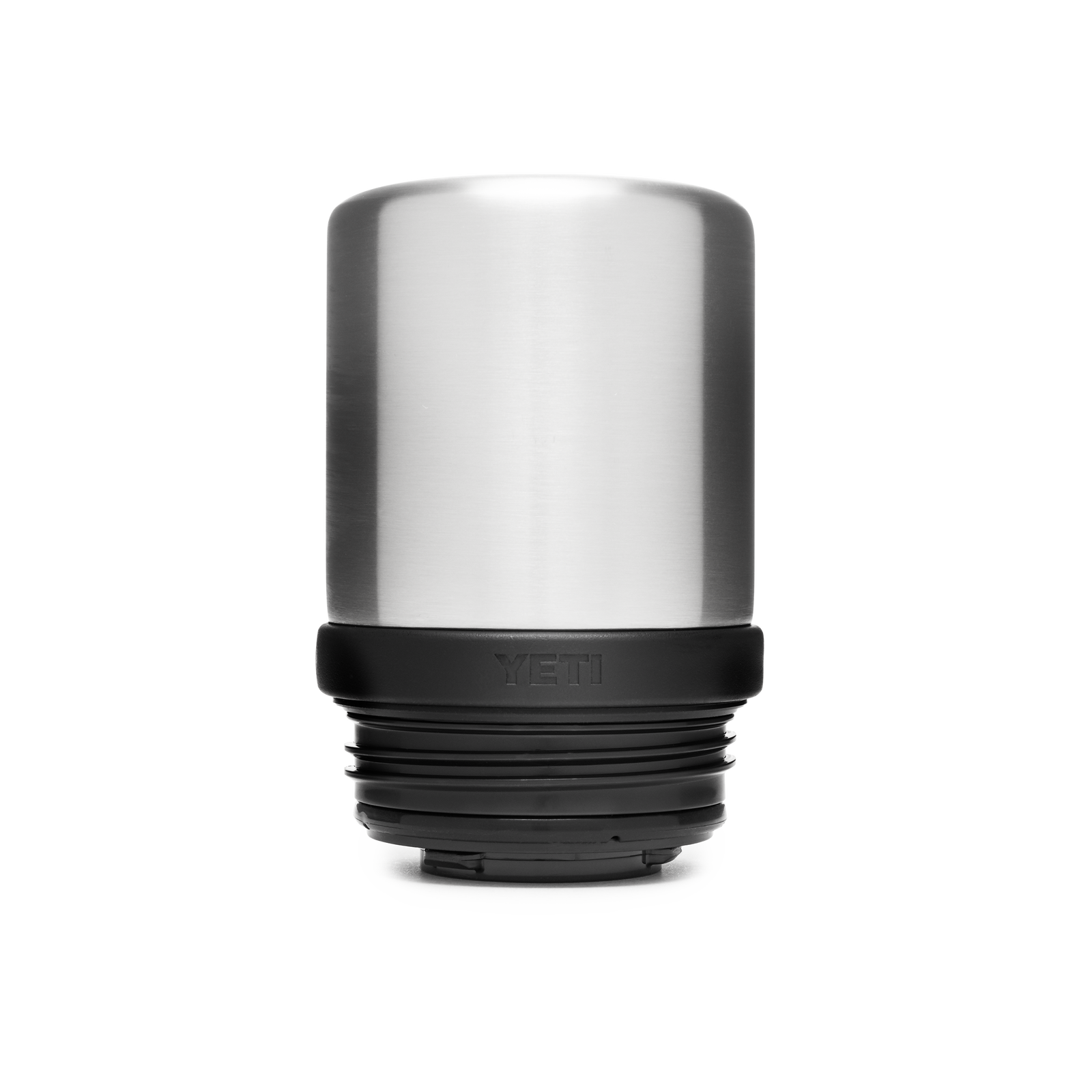 Der YETI® Rambler Bottle Cup Cap von YETI, ein auslaufsicherer Flaschendeckel mit schwarzem Schraubboden, steht aufrecht auf einfarbig weißem Hintergrund.