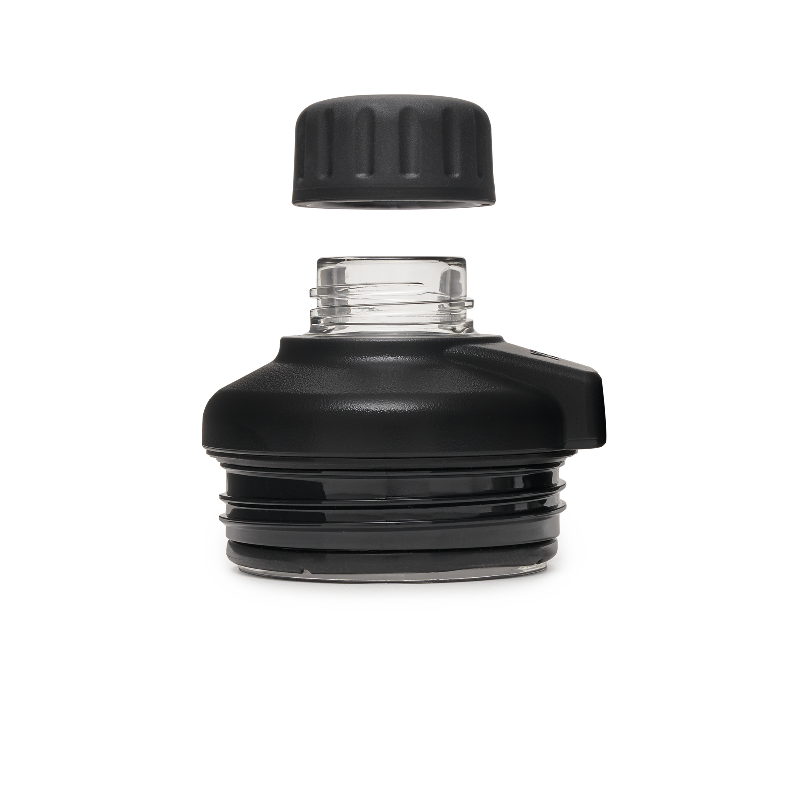 Der YETI® Rambler Bottle Magdock Cap von YETI, abgebildet in Schwarz über einer passenden Rambler Bottle vor weißem Hintergrund, stellt seine auslaufsichere Eigenschaft zur Schau.