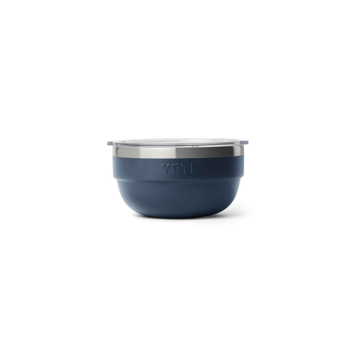 Die navyfarbene YETI® Rambler Bowl Small mit doppelwandiger Vakuumisolierung und klarem, flachem Deckel steht auf weißem Hintergrund. Die Edelstahlschüssel hat einen Metallrand und ein eingeprägtes YETI-Logo an der Seite.