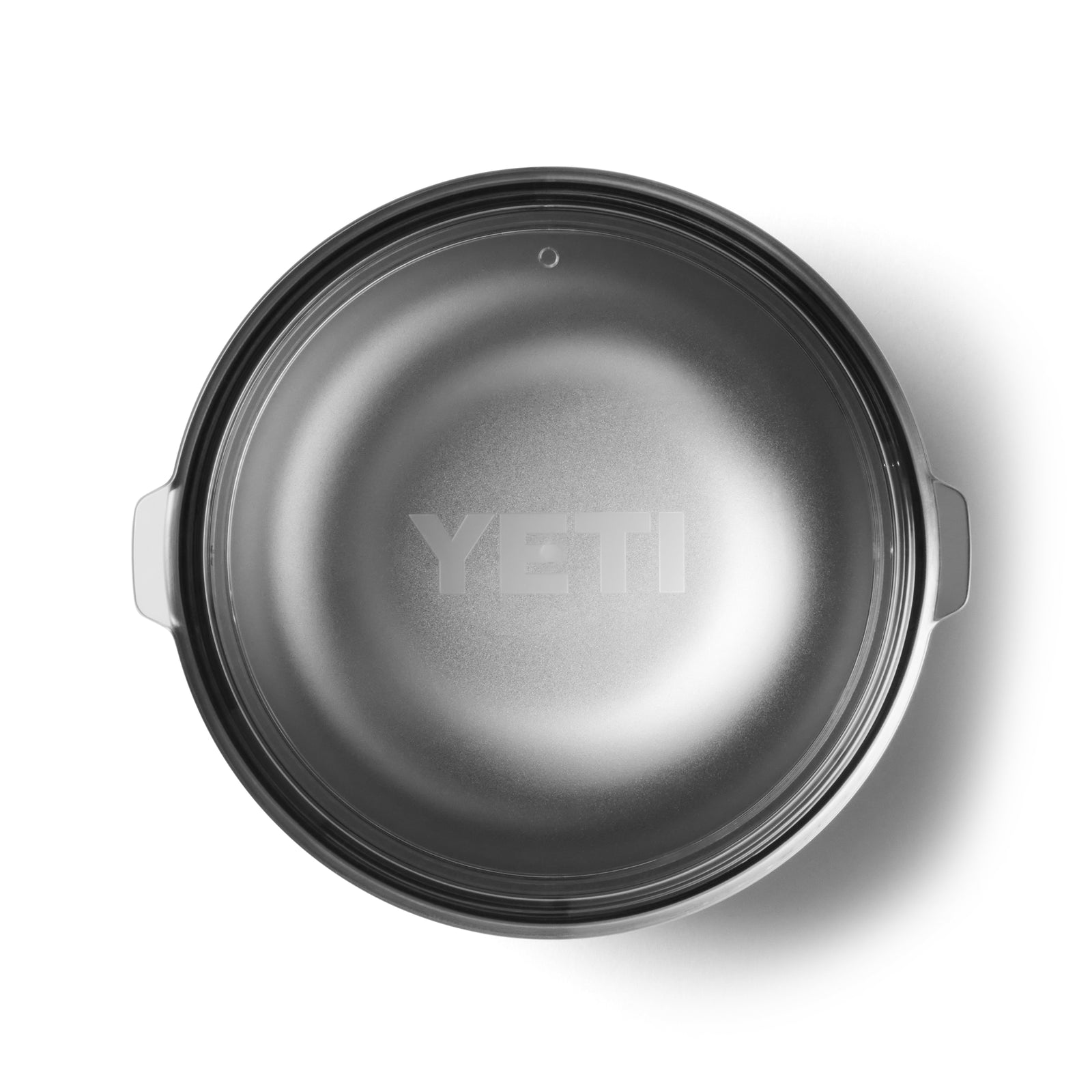 Draufsicht auf die YETI® Rambler Bowl Small in Navy, eine isolierte Edelstahlschüssel mit zwei kleinen Griffen, leer auf weißem Hintergrund - in der Mitte ist "YETI" eingraviert.