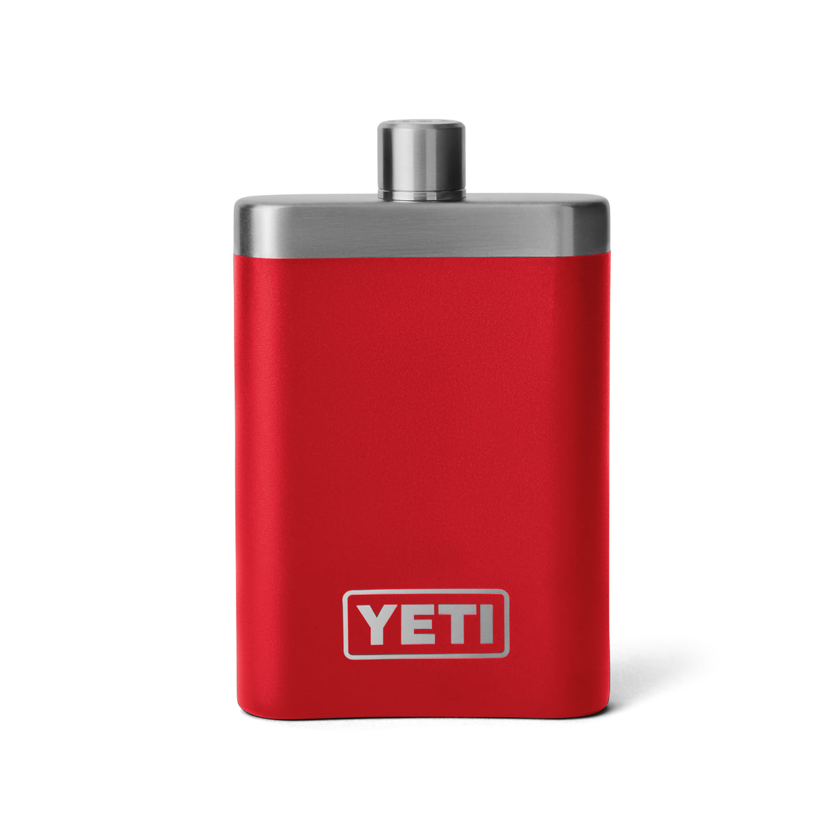 Die YETI® Rambler Flask in Rescue Red aus 18/8 Edelstahl mit silbernem Deckel und weißem YETI Logo ist ideal für dein Outdoor-Abenteuer - präsentiert vor weißem Hintergrund.