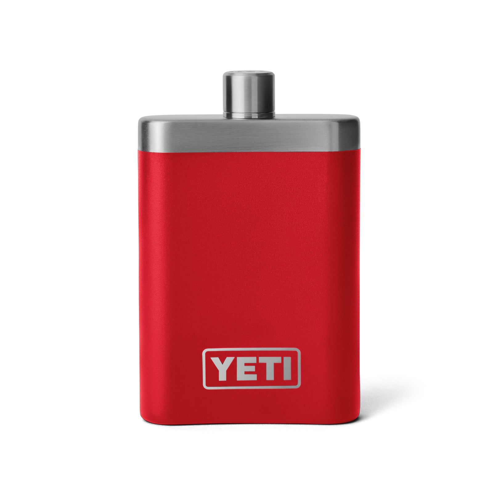 Die YETI® Rambler Flask in Rescue Red aus 18/8 Edelstahl mit silbernem Deckel und weißem YETI Logo ist ideal für dein Outdoor-Abenteuer - präsentiert vor weißem Hintergrund.