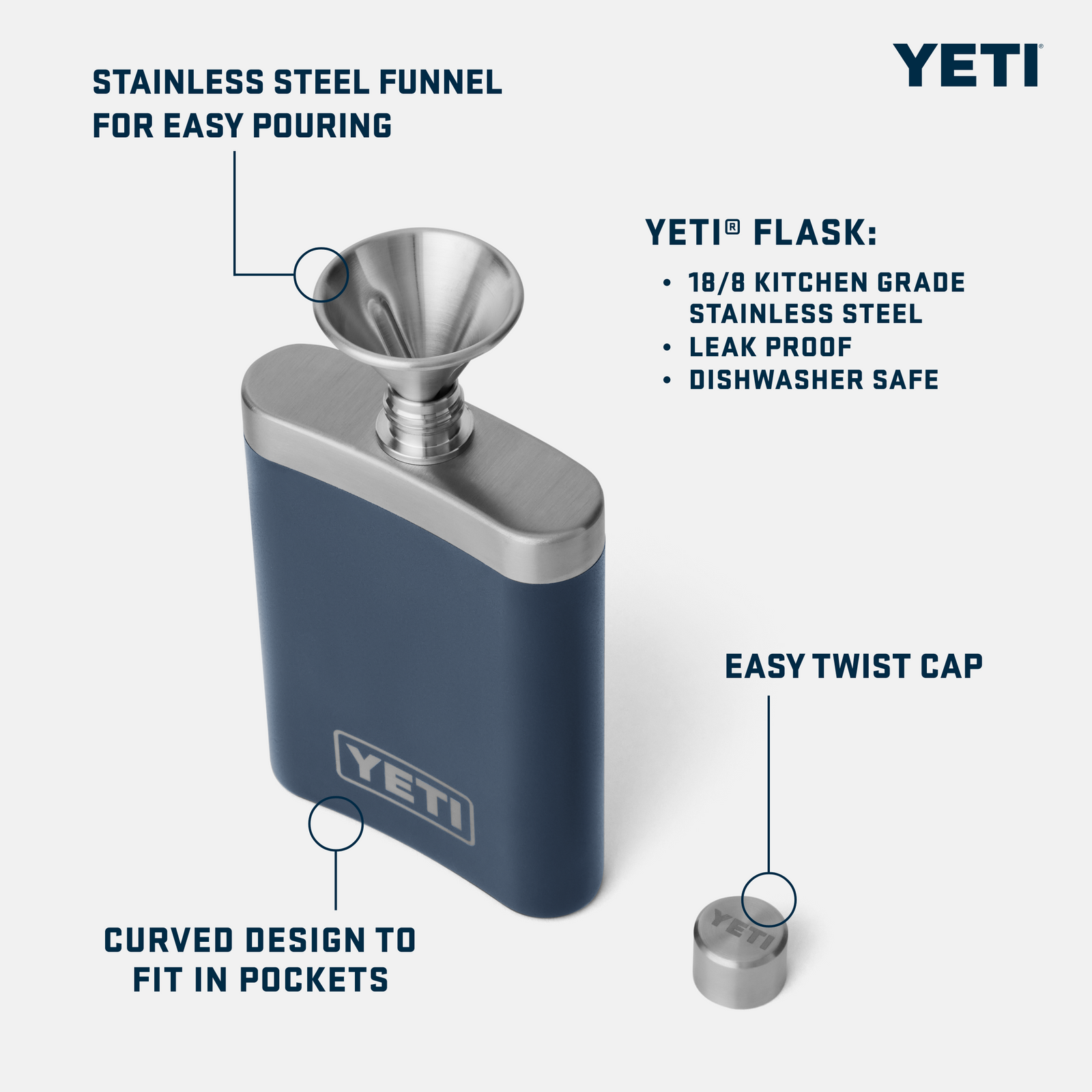 Die YETI® Rambler Flask in Rescue Red verfügt über einen leicht drehbaren Verschluss, ein gebogenes, taschenfreundliches Design, eine robuste Konstruktion aus 18/8-Edelstahl und einen integrierten Trichter - perfekt für Outdoor-Abenteuer. Das YETI-Logo ist deutlich sichtbar.