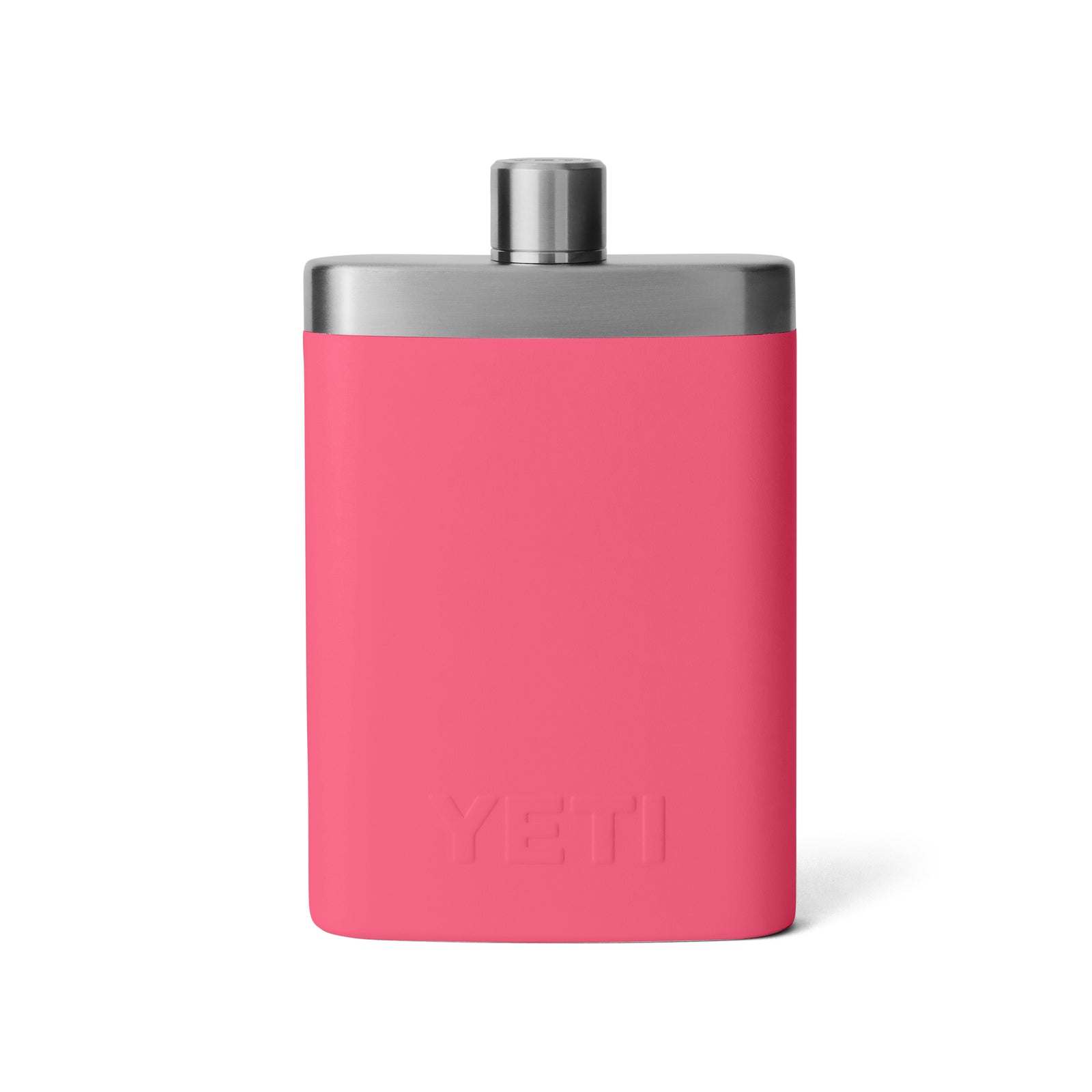 Die YETI® Rambler Flask in Tropical Pink ist aus strapazierfähigem 18/8-Edelstahl gefertigt, hat eine matte Oberfläche, einen silberfarbenen Schraubverschluss und ist mit einem geprägten YETI-Logo am Boden versehen.