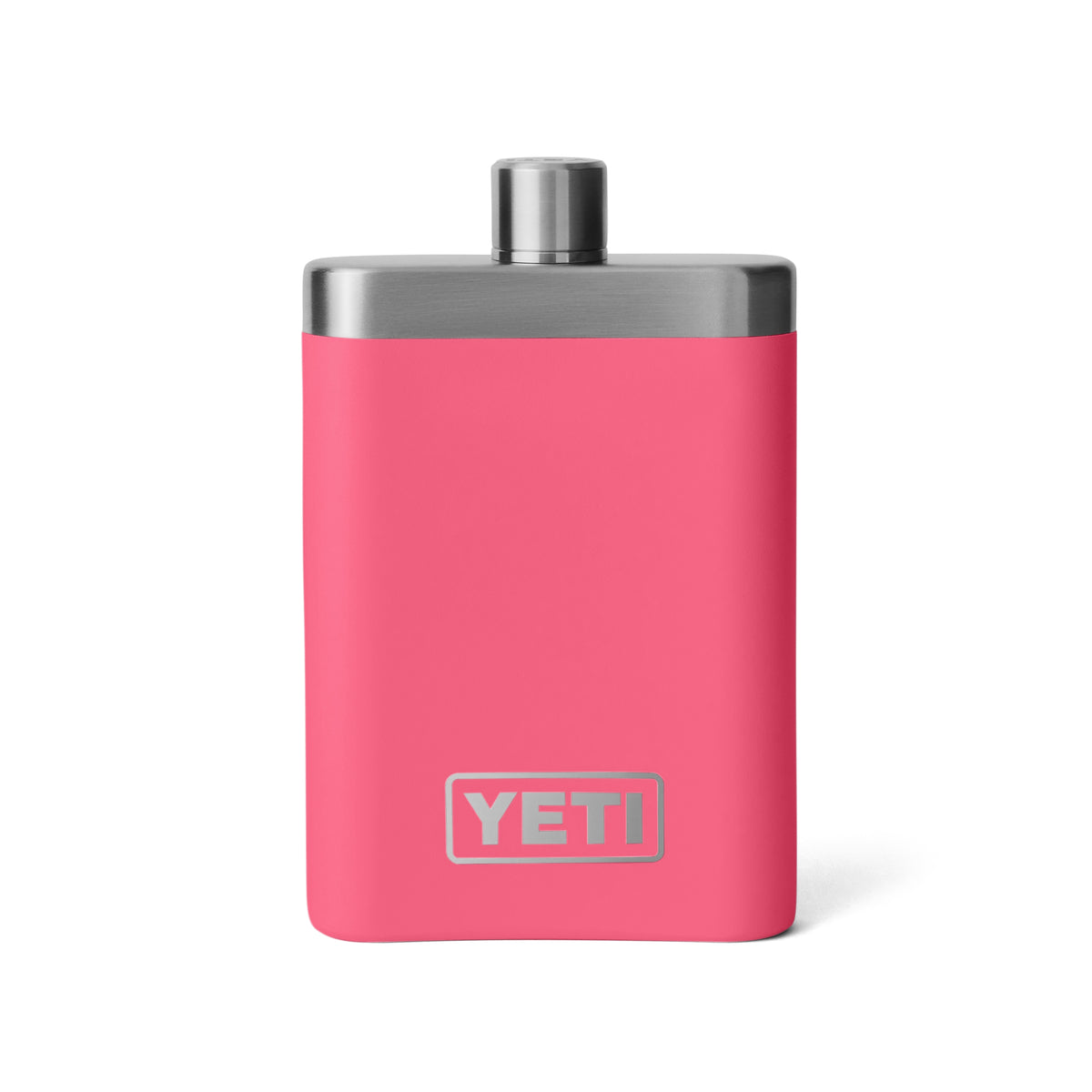Die YETI® Rambler Flask - Tropical Pink ist aus strapazierfähigem 18/8-Edelstahl gefertigt, verfügt über eine leuchtend pinke Silikonhülle mit einem silbernen Schraubverschluss und zeigt das YETI-Logo in weißer Farbe an der unteren Vorderseite.