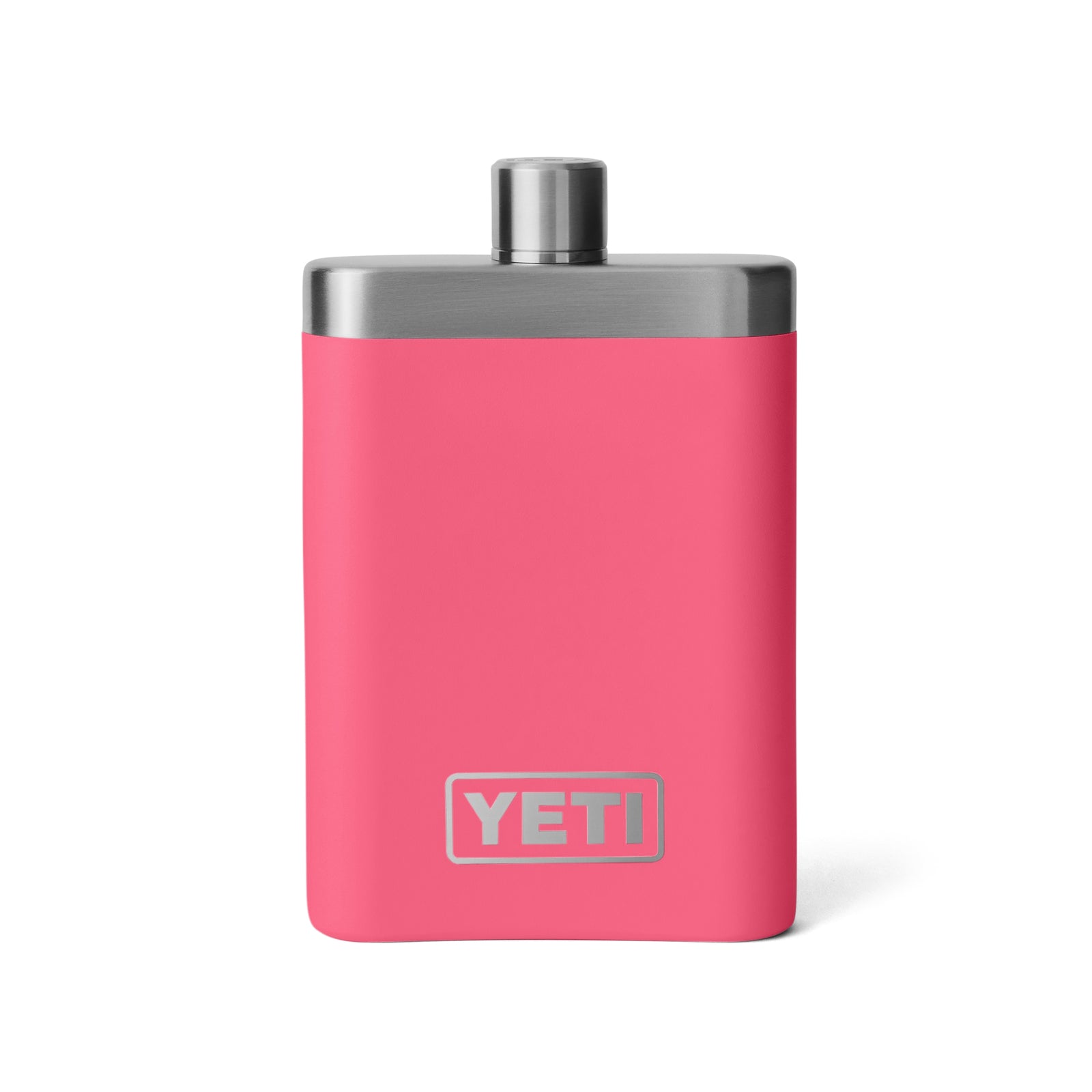 Die YETI® Rambler Flask - Tropical Pink ist aus strapazierfähigem 18/8-Edelstahl gefertigt, verfügt über eine leuchtend pinke Silikonhülle mit einem silbernen Schraubverschluss und zeigt das YETI-Logo in weißer Farbe an der unteren Vorderseite.