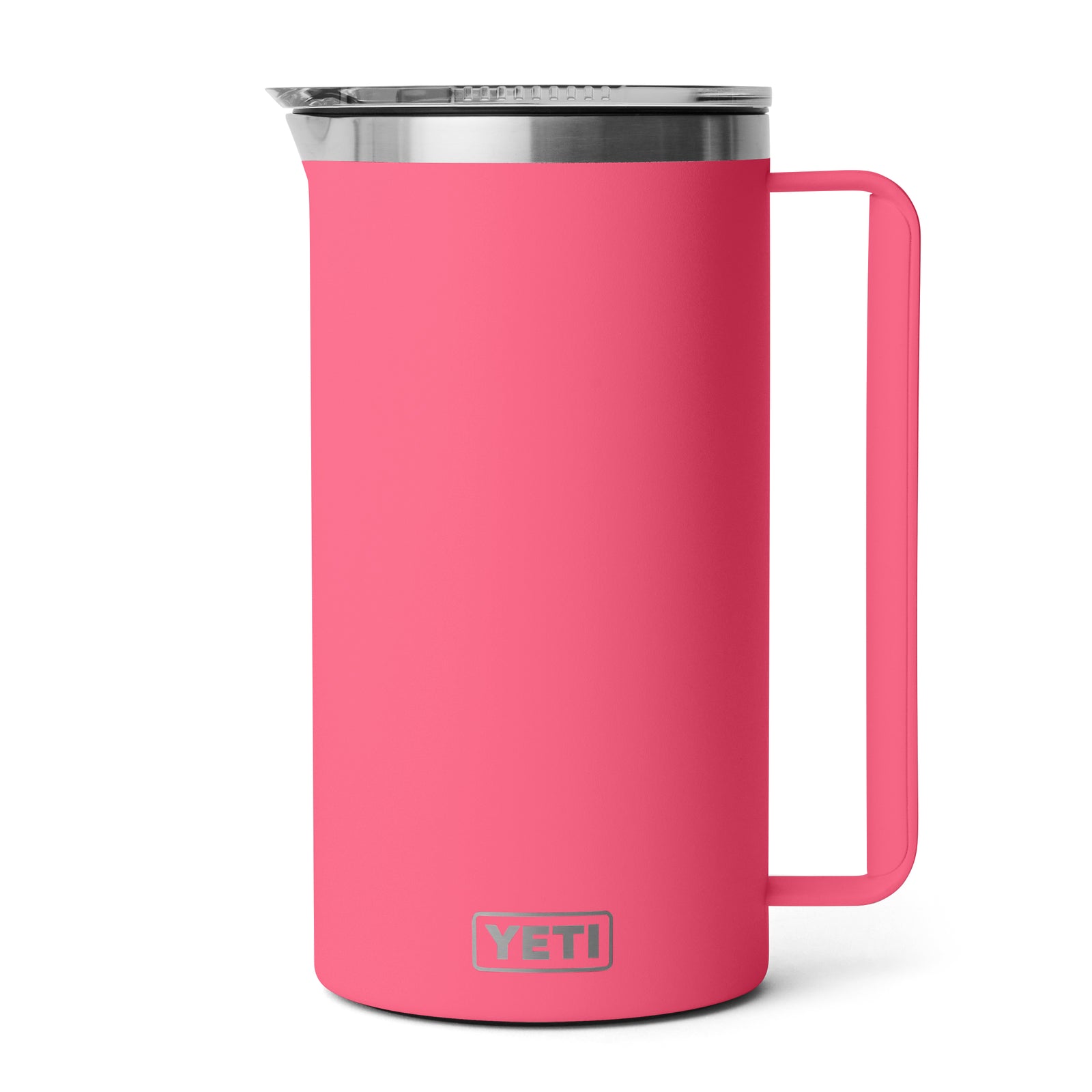 Der YETI® Rambler Pitcher 64 Oz in Tropical Pink, mit Edelstahldeckel und -griff, ist auf weißem Hintergrund abgebildet.