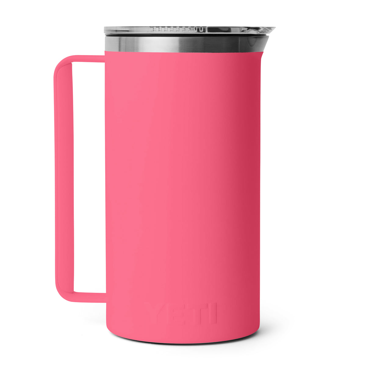 Entdecken Sie den YETI® Rambler Pitcher 64 Oz in Tropical Pink - einen Edelstahlkrug in limitierter Auflage mit einem großen Griff an der linken Seite und einem schlanken, modernen Design von YETI.