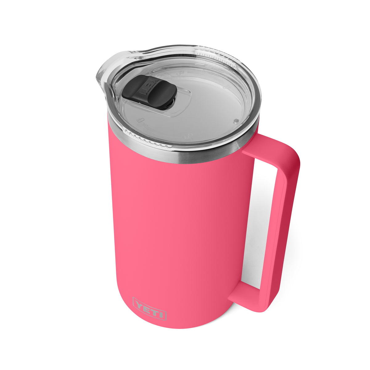 Der YETI® Rambler Pitcher 64 Oz in Tropical Pink ist ein vakuumisolierter Edelstahlkrug in limitierter Auflage mit einem großen Griff und einem durchsichtigen Deckel mit schwarzem Schiebeverschluss, der Getränke stundenlang heiß oder kalt hält.