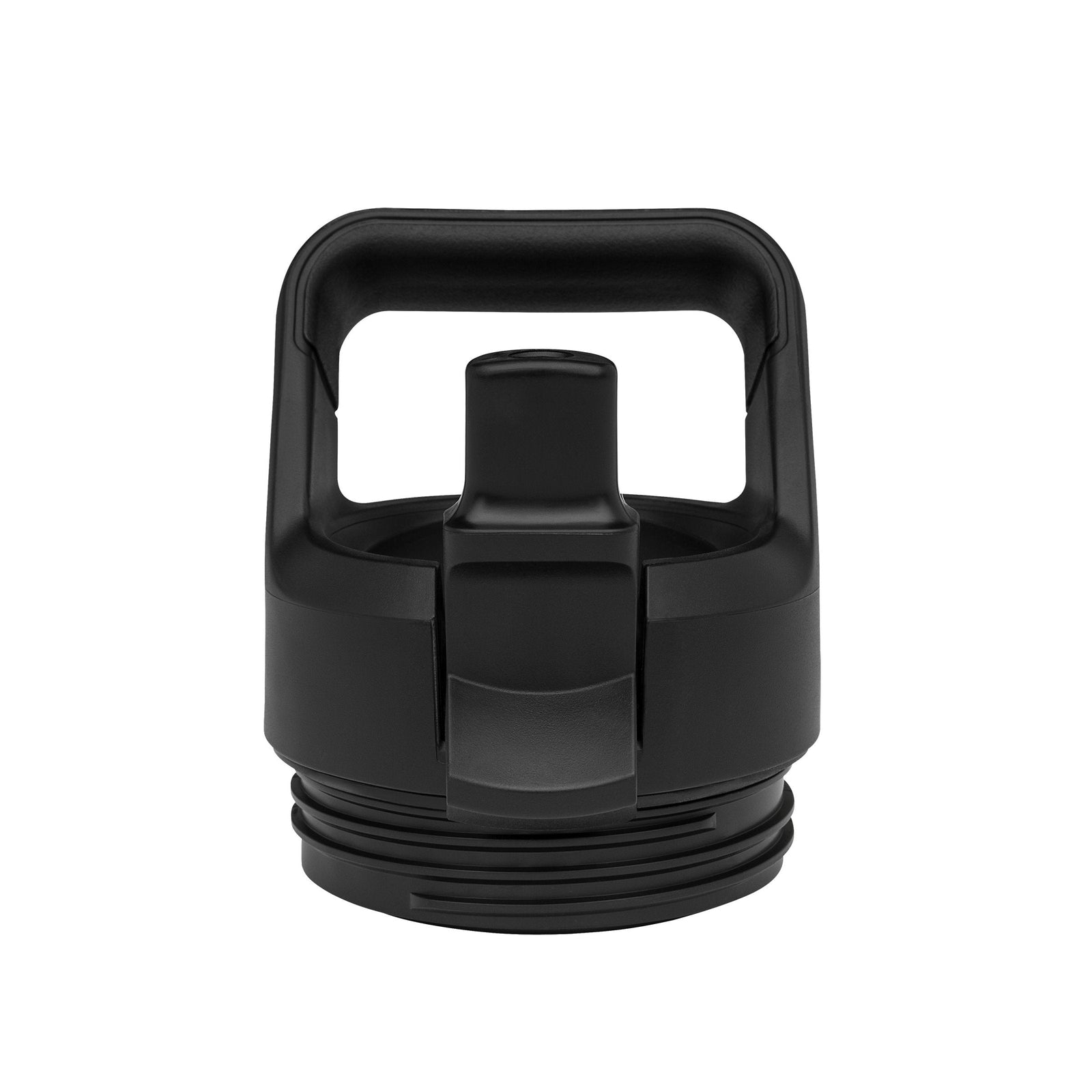 Der YETI® Rambler Straw-Verschluss Cap - Black ist ein schwarzer Kunststoffdeckel mit integriertem Griff und zentralem Ausguss für einfaches Tragen und Trinken, abgebildet auf weißem Hintergrund.