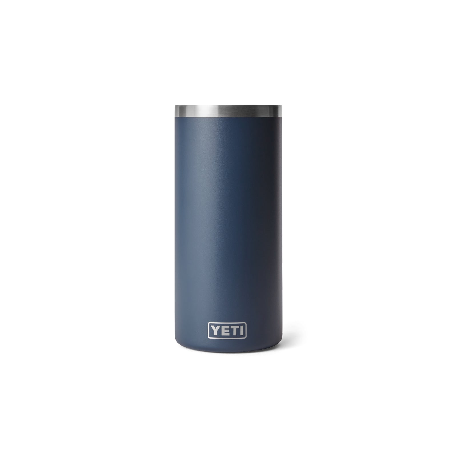 Ein marineblauer YETI® Rambler® Weinkühler-Becher mit doppelwandiger Vakuumisolierung, silbernem Rand und YETI-Logo in der unteren Mitte ist aufrecht auf weißem Hintergrund abgebildet.