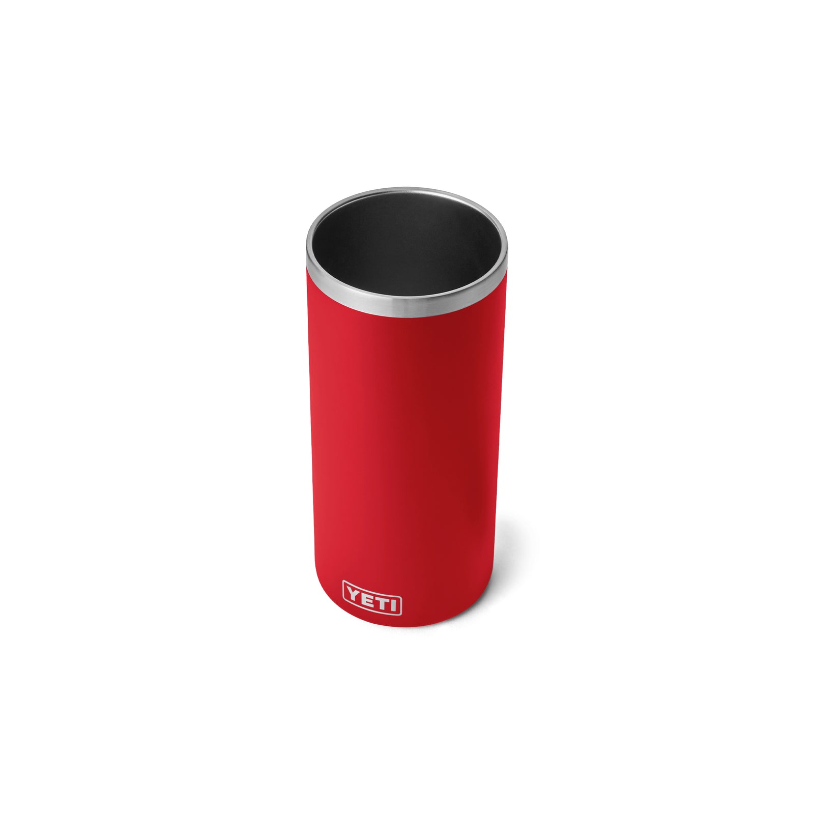Der YETI® Rambler® Weinkühler in Rescue Red, aus Edelstahl mit Vakuumisolierung und silbernem Rand, ist aufrecht auf weißem Hintergrund abgebildet.