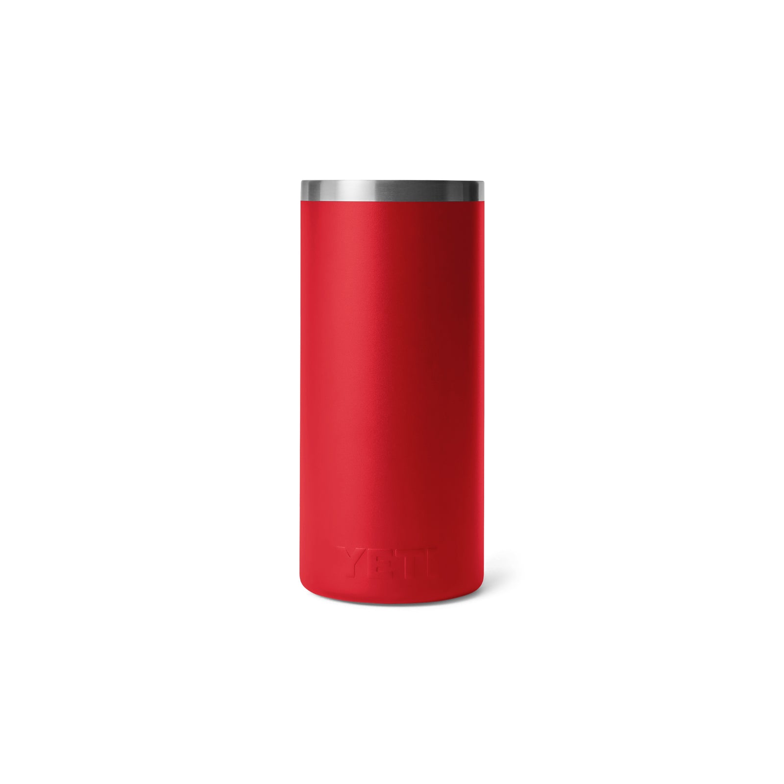 Ein YETI® Rambler® Weinkühler - Rescue Red, ein isolierter Edelstahlbecher mit silbernem Rand, steht aufrecht vor einem weißen Hintergrund.