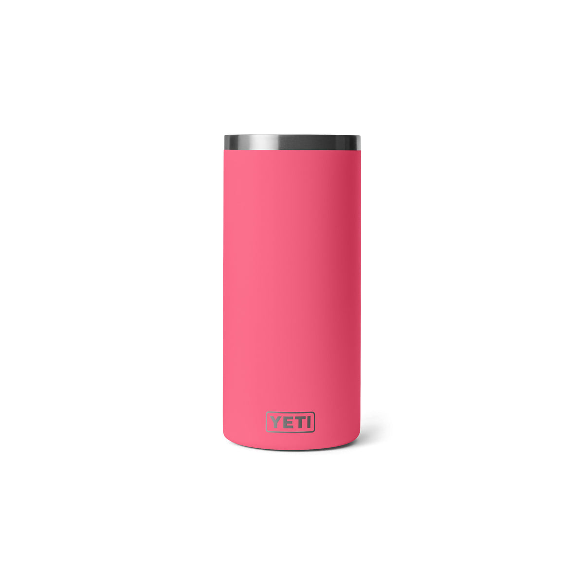 Ein YETI® Rambler® Weinkühler in Tropical Pink mit Vakuumisolierung und einem Edelstahlrand, aufrecht stehend auf weißem Hintergrund abgebildet.
