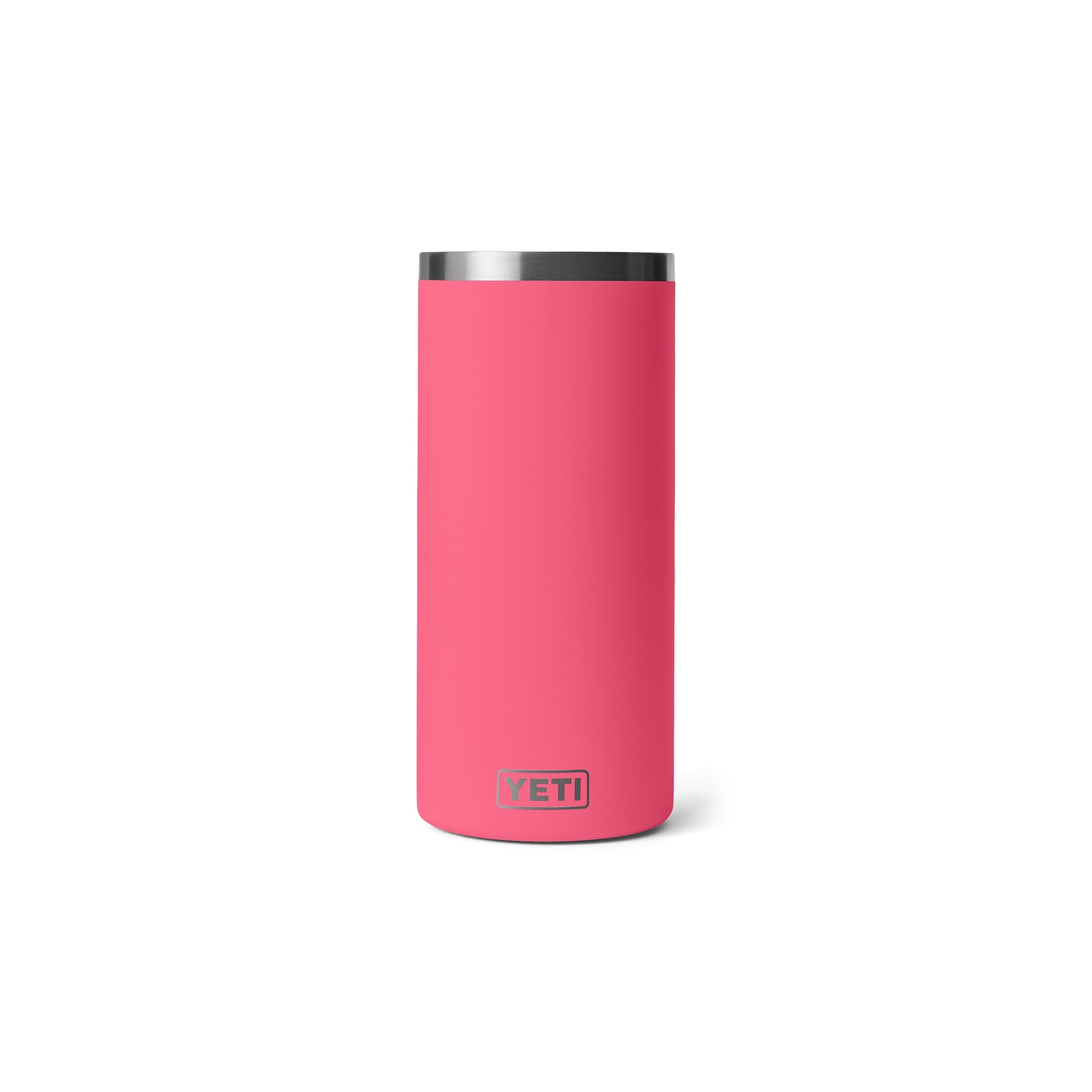 Ein YETI® Rambler® Weinkühler in Tropical Pink mit Vakuumisolierung und einem Edelstahlrand, aufrecht stehend auf weißem Hintergrund abgebildet.