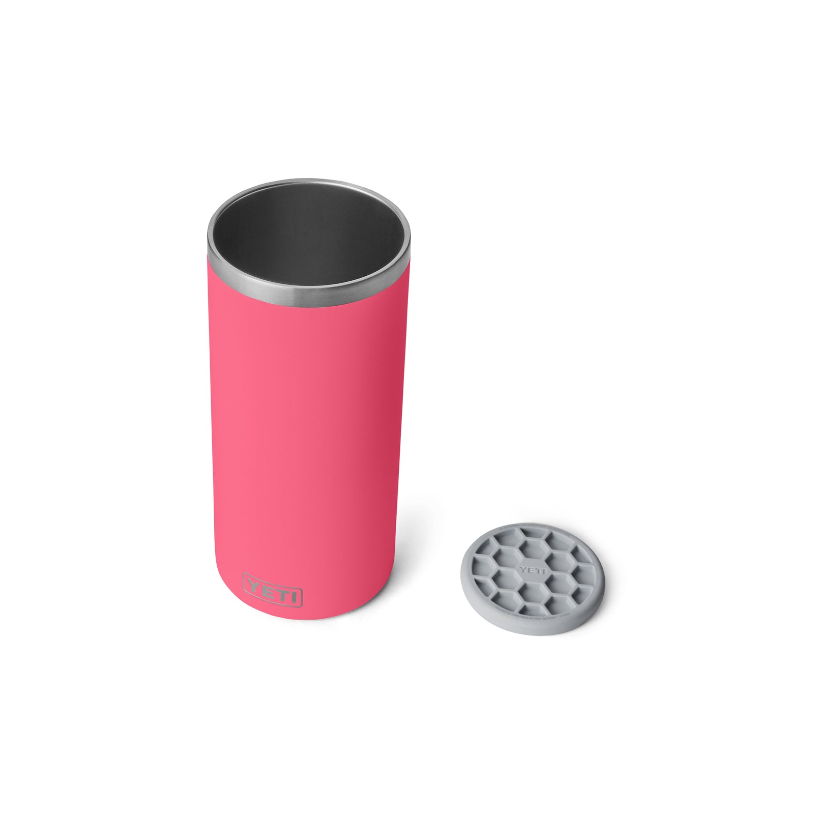 Der YETI® Rambler® Weinkühler in Tropical Pink steht aufrecht mit seinem grauen Deckel daneben, beide mit hochwertiger Vakuumisolierung von YETI auf einer weißen Oberfläche.