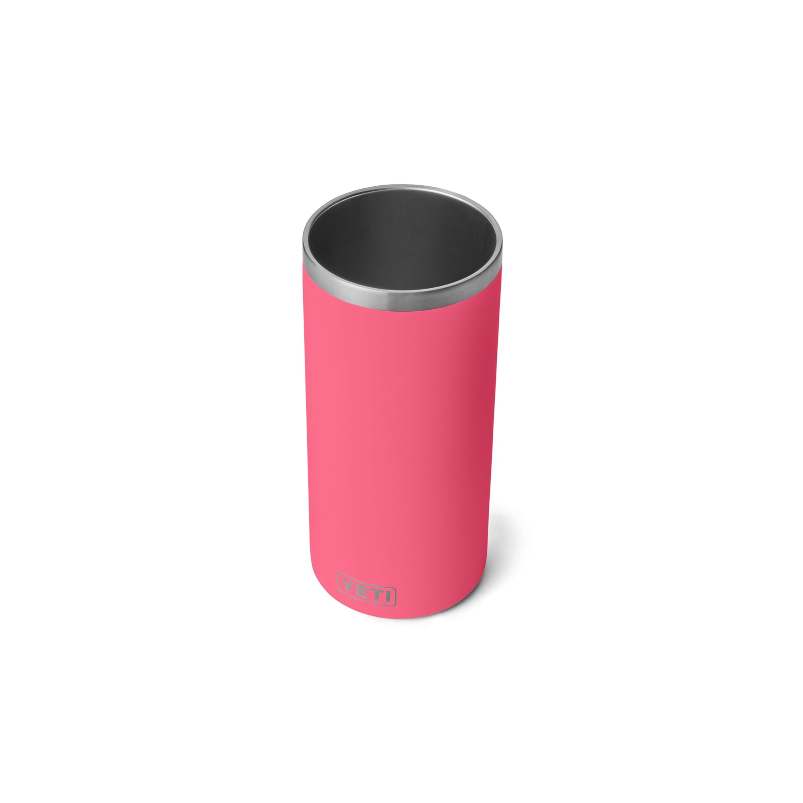 Der YETI® Rambler® Weinkühler - Tropical Pink, ein Edelstahl-Weinbecher mit silbernem Rand und Vakuumisolierung, ist aufrecht auf weißem Hintergrund abgebildet.