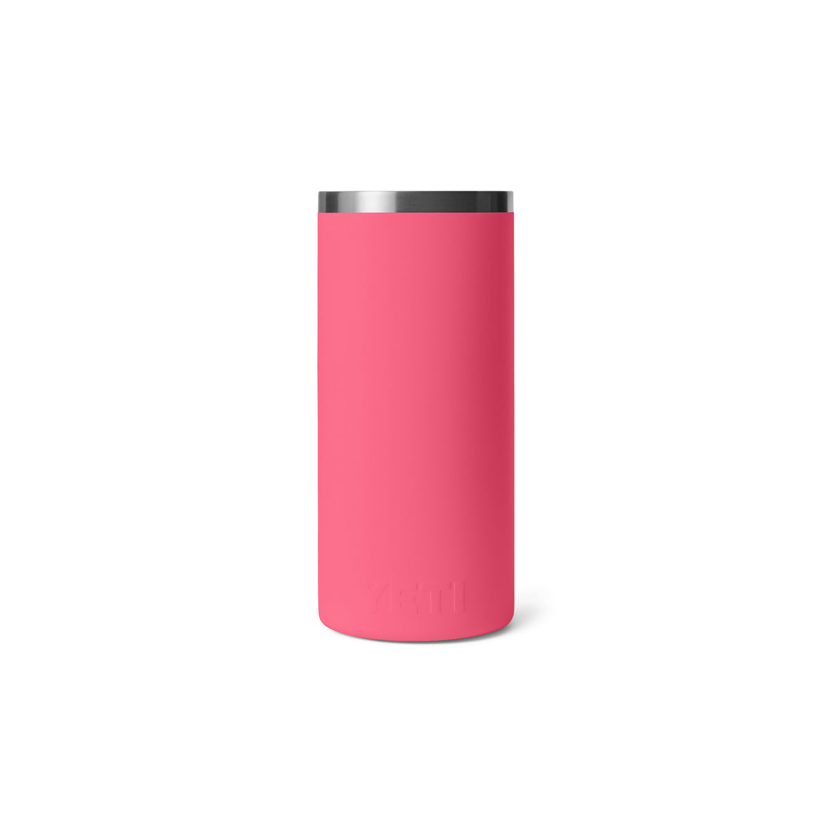 Der YETI® Rambler® Weinkühler - Tropical Pink, ein zylindrischer Edelstahl-Weinbecher mit Vakuumisolierung und silbernem Rand, steht aufrecht auf einem schlichten weißen Hintergrund.