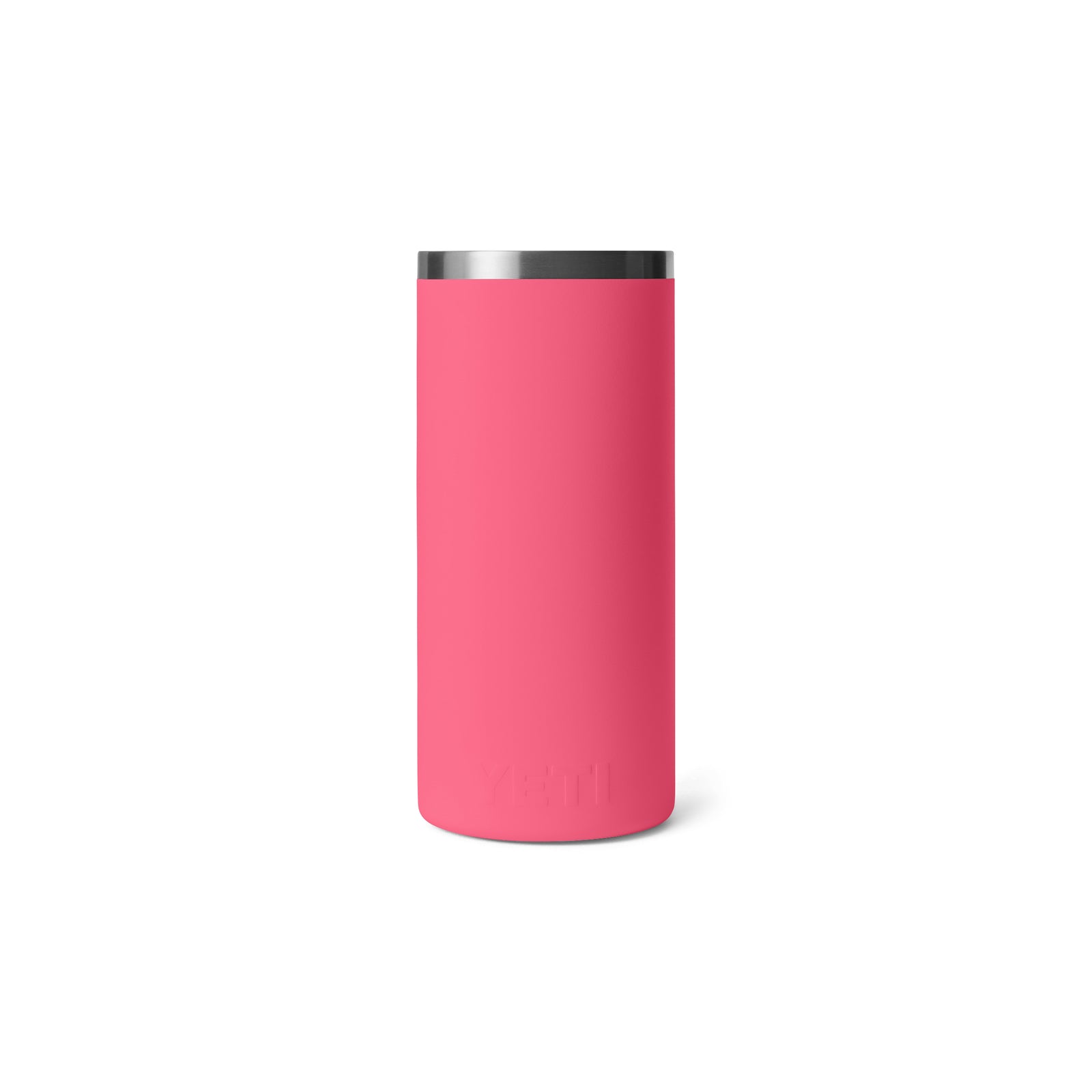 Der YETI® Rambler® Weinkühler - Tropical Pink, ein zylindrischer Edelstahl-Weinbecher mit Vakuumisolierung und silbernem Rand, steht aufrecht auf einem schlichten weißen Hintergrund.