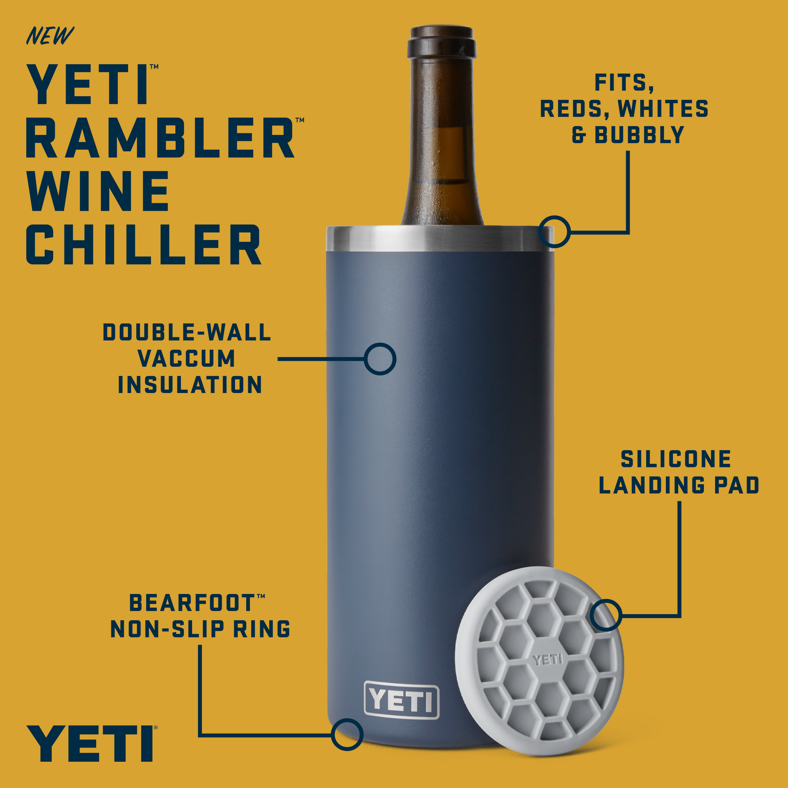 Der YETI® Rambler® Weinkühler - Tropical Pink aus Edelstahl mit Vakuumisolierung hält Wein kühl. Mit Silikon-Landing-Pad, Bearfoot-Ring und gut sichtbarem YETI-Logo am unteren Rand.