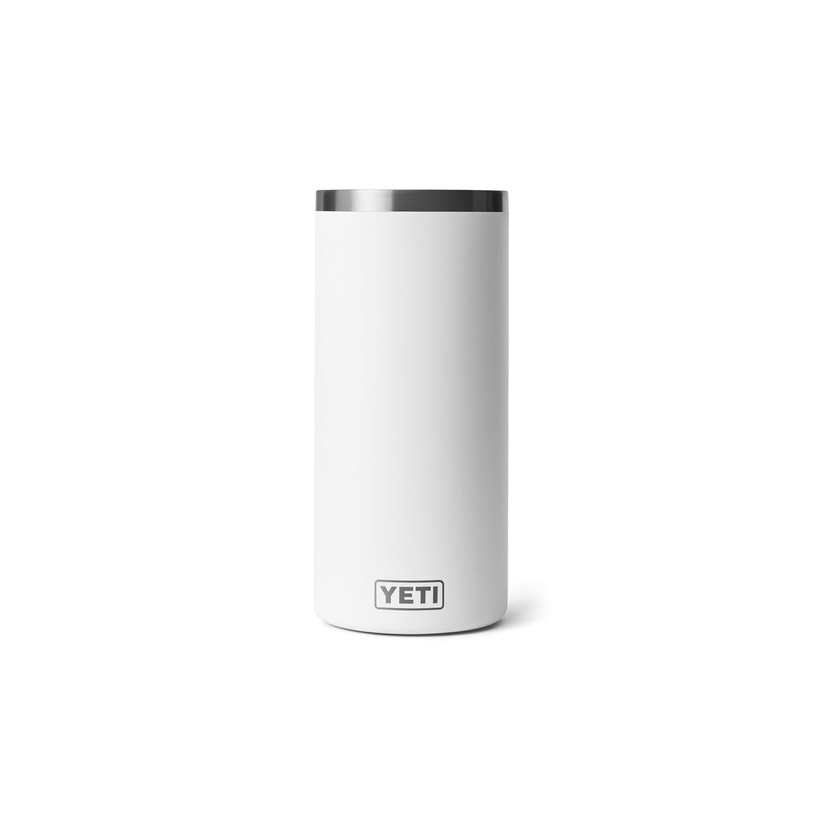 Der YETI® Rambler® Weinkühler - White besteht aus robustem Edelstahl, einem silbernen Rand und dem YETI-Logo in der Nähe des Bodens. Seine Vakuumisolierung hält Getränke stundenlang kühl. Aufrecht stehend auf einem schlichten weißen Hintergrund abgebildet.