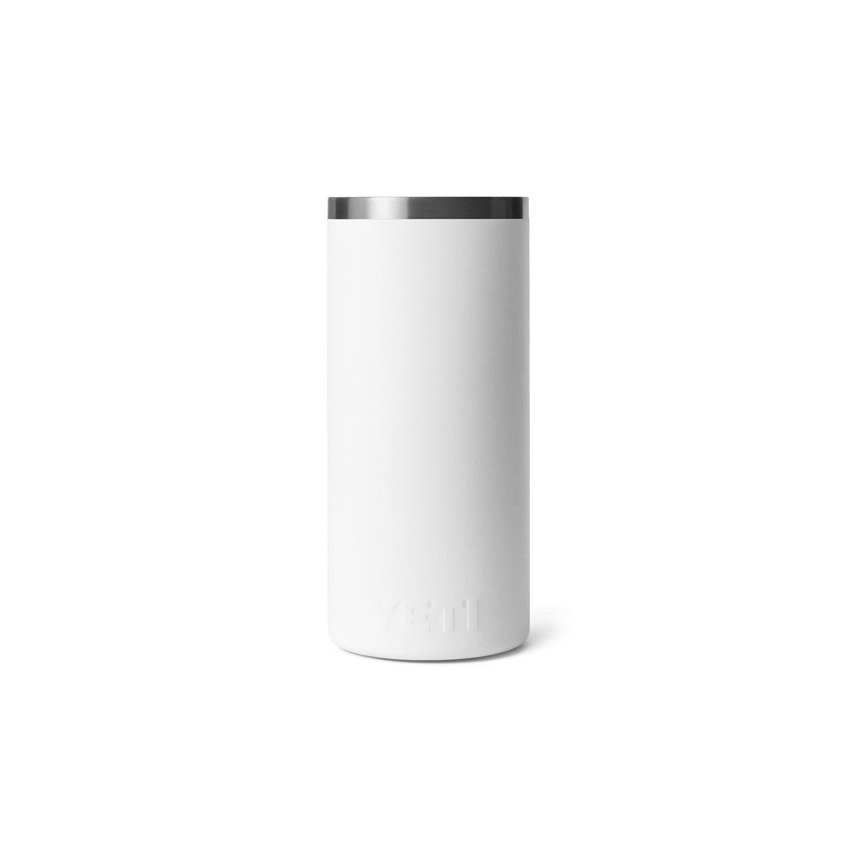 Ein weißer YETI® Rambler® Weinkühler von YETI mit Edelstahlrand und zylindrischem Design steht aufrecht vor einem schlichten weißen Hintergrund.