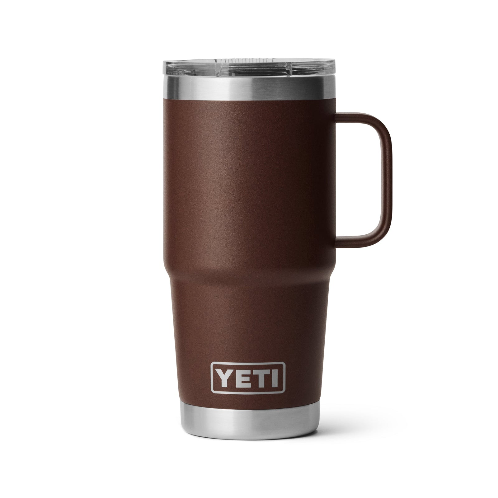 Der YETI® Reisebecher Rambler 20 Oz in Wetlands Brown verfügt über einen Griff, einen durchsichtigen StrongHold-Deckel und Edelstahlakzente an der Ober- und Unterseite, abgebildet auf weißem Hintergrund.