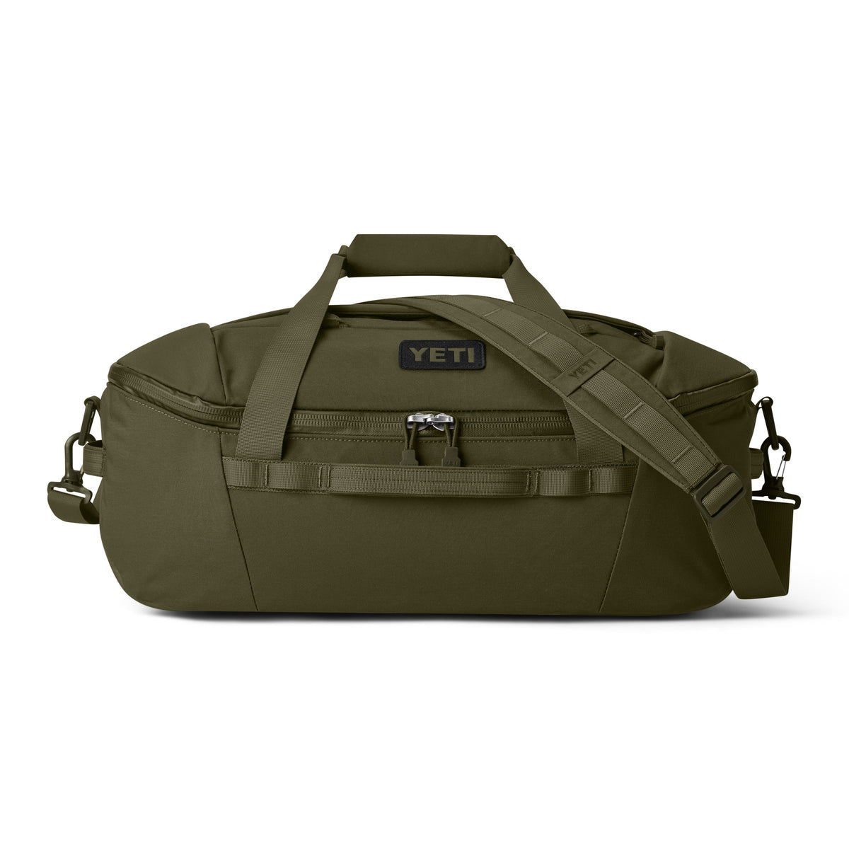 Die YETI® Reisetasche Crossroads® 40L - Olive verfügt über robustes TuffSkin-Nylon, einen Schultergurt, zwei gepolsterte Griffe, eine Reißverschlusstasche auf der Vorderseite und das kultige YETI-Logo.