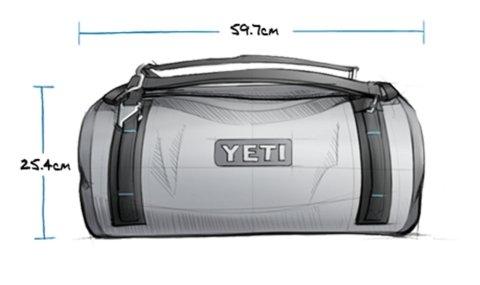 Technische Illustration der YETI® Panga 50 Reisetasche (Storm Grey) von YETI mit einer Breite von 59,7 cm und einer Höhe von 25,4 cm, dargestellt in Grau mit schwarzen Gurten und blauen Akzenten in einer schlichten, skizzenhaften Zeichnung.