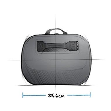 Frontansicht einer grauen Hartschalen-Tragetasche mit Tragegriff und blauer Linie, die eine Breite von 35,6 cm anzeigt - perfekt für alle, die eine kompakte Alternative zur YETI® Reisetasche Panga 50 - Storm Grey von YETI suchen.
