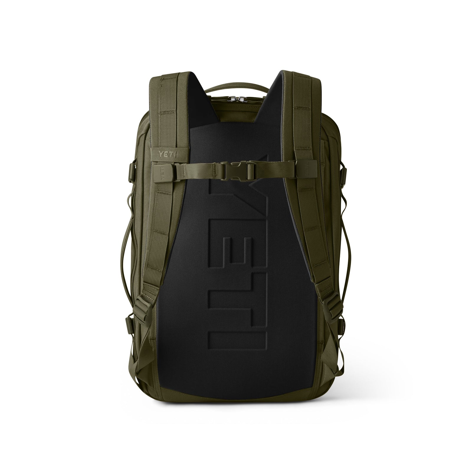 Der YETI® Rucksack Crossroads® 22L in Olive ist von hinten abgebildet und verfügt über gepolsterte Schultergurte, einen verstellbaren Brustgurt und das YETI-Logo - perfekt als robuster Tagesrucksack für tägliche Abenteuer.
