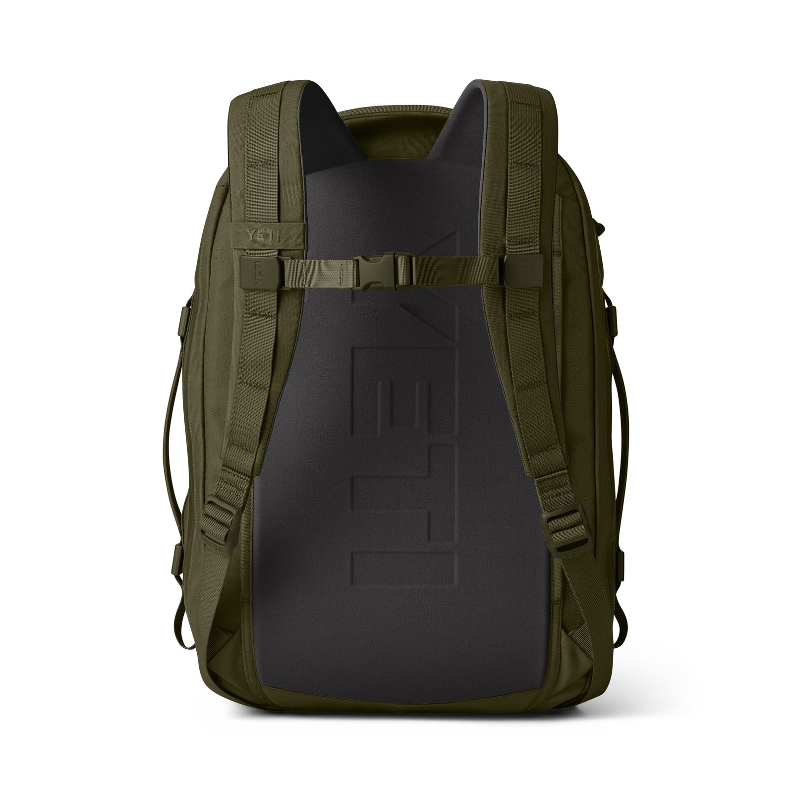 Der von hinten gezeigte YETI® Rucksack Crossroads® 35L in Oliv verfügt über gepolsterte Schultergurte, verstellbare Seitengurte und ein eingeprägtes YETI-Logo - ein robuster Rucksack, der für jedes Abenteuer bereit ist.